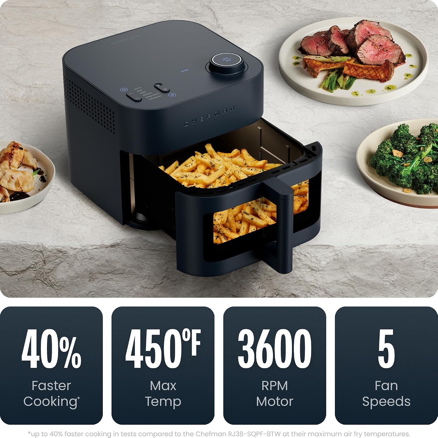 image:imageChefman Crispinator Air Fryer 6in1 with 8 Qt capacity 450F Max Temp with TurboFry Pro Technology for Fast and Even Results Viewing Window Nonstick Ceramic BasketMidnight