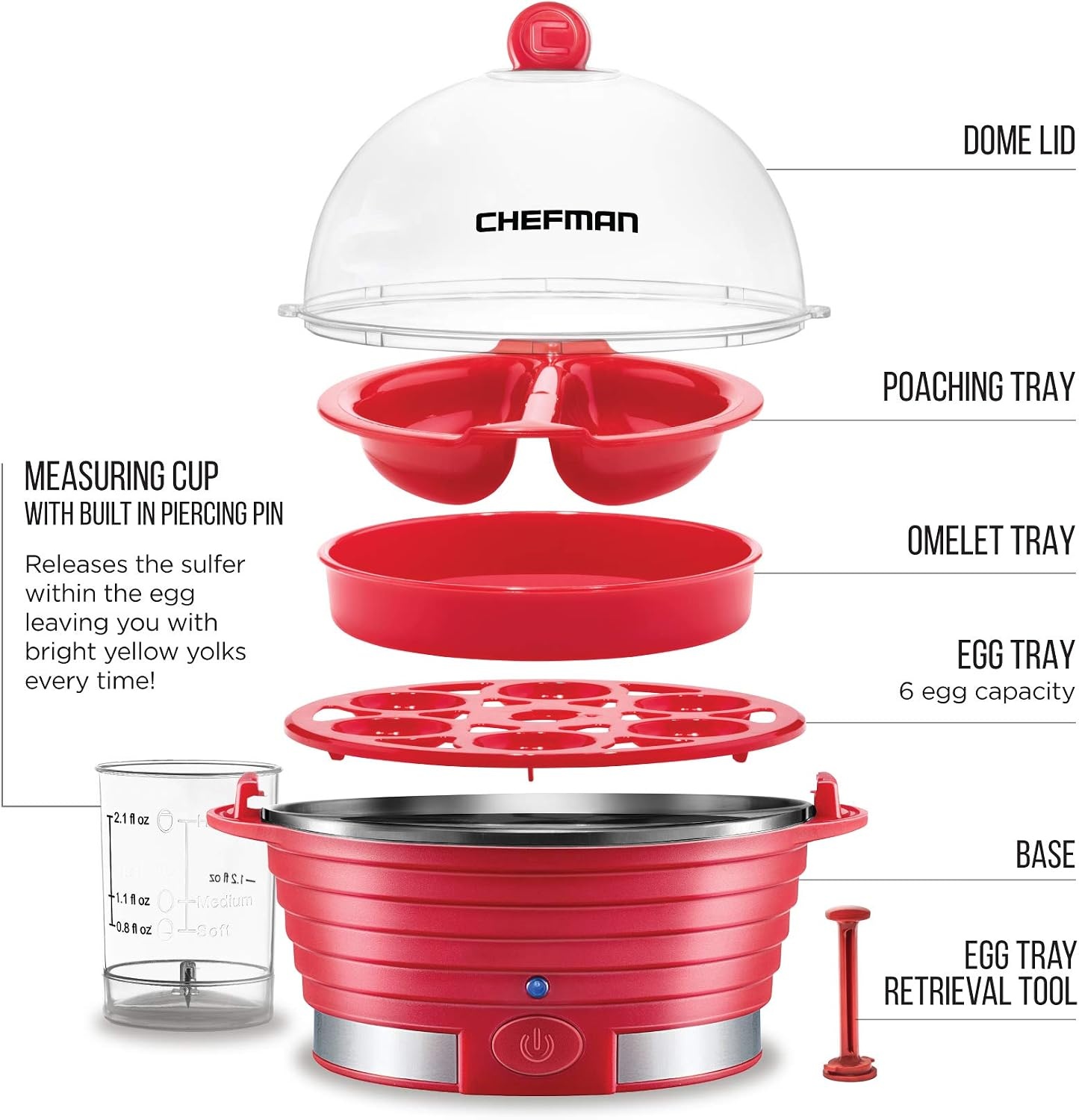 image:imageChefman EggMaker Rapid Poacher Food amp Vegetable Steamer Quickly Makes Up to 6 Hard Medium or Soft Boiled PoachingOmelet Tray Included Ready Signal BPAFree BLACKRed