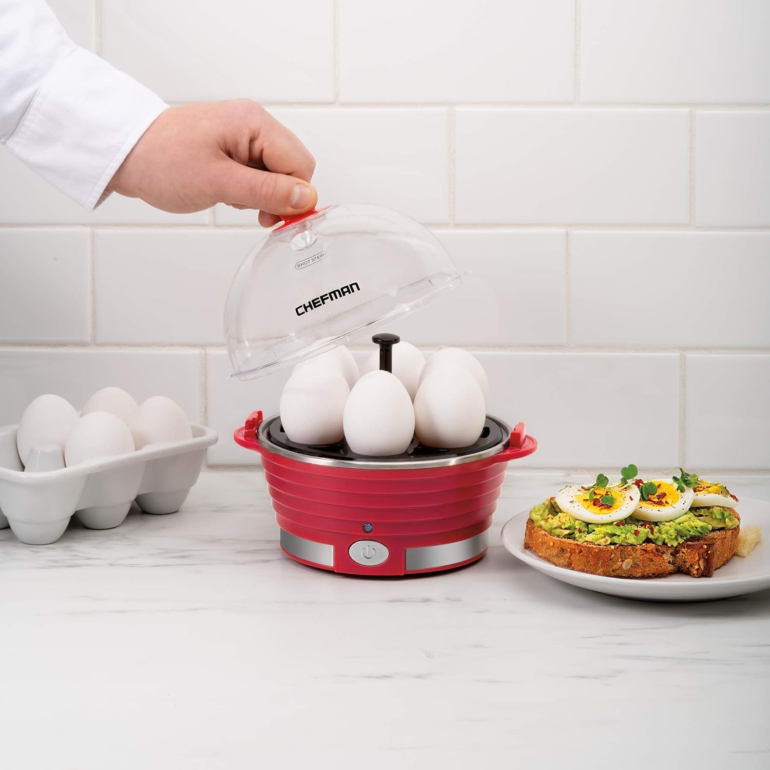 image:imageChefman EggMaker Rapid Poacher Food amp Vegetable Steamer Quickly Makes Up to 6 Hard Medium or Soft Boiled PoachingOmelet Tray Included Ready Signal BPAFree BLACKRed