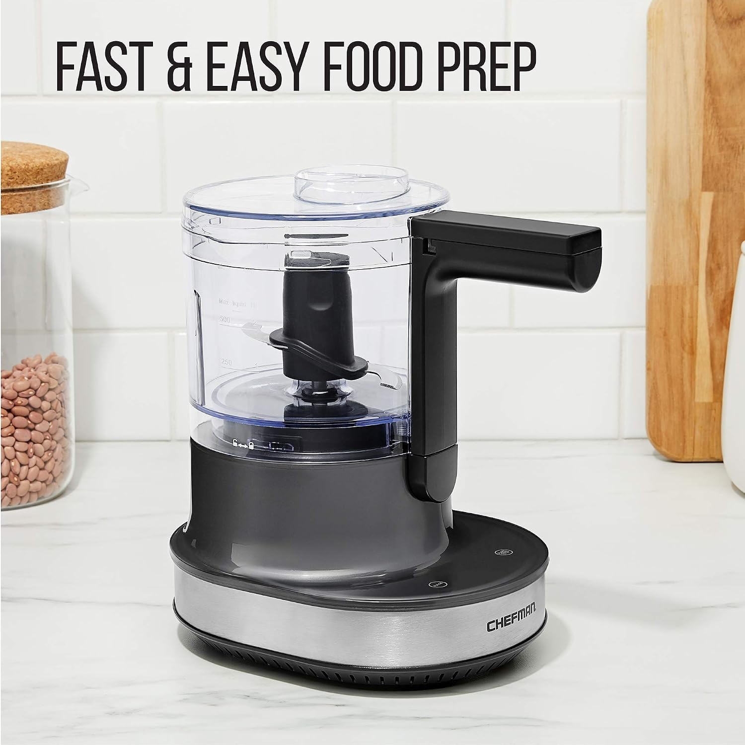 image:imageChefman Electric 4Cup Food Chopper Blender with Revolutionary Vertical Motion AutoChopping for Perfectly Even Mixing Results DishwasherSafe Stainless Steel Dual Blades BPAFree Bowl amp Lid BlackGray