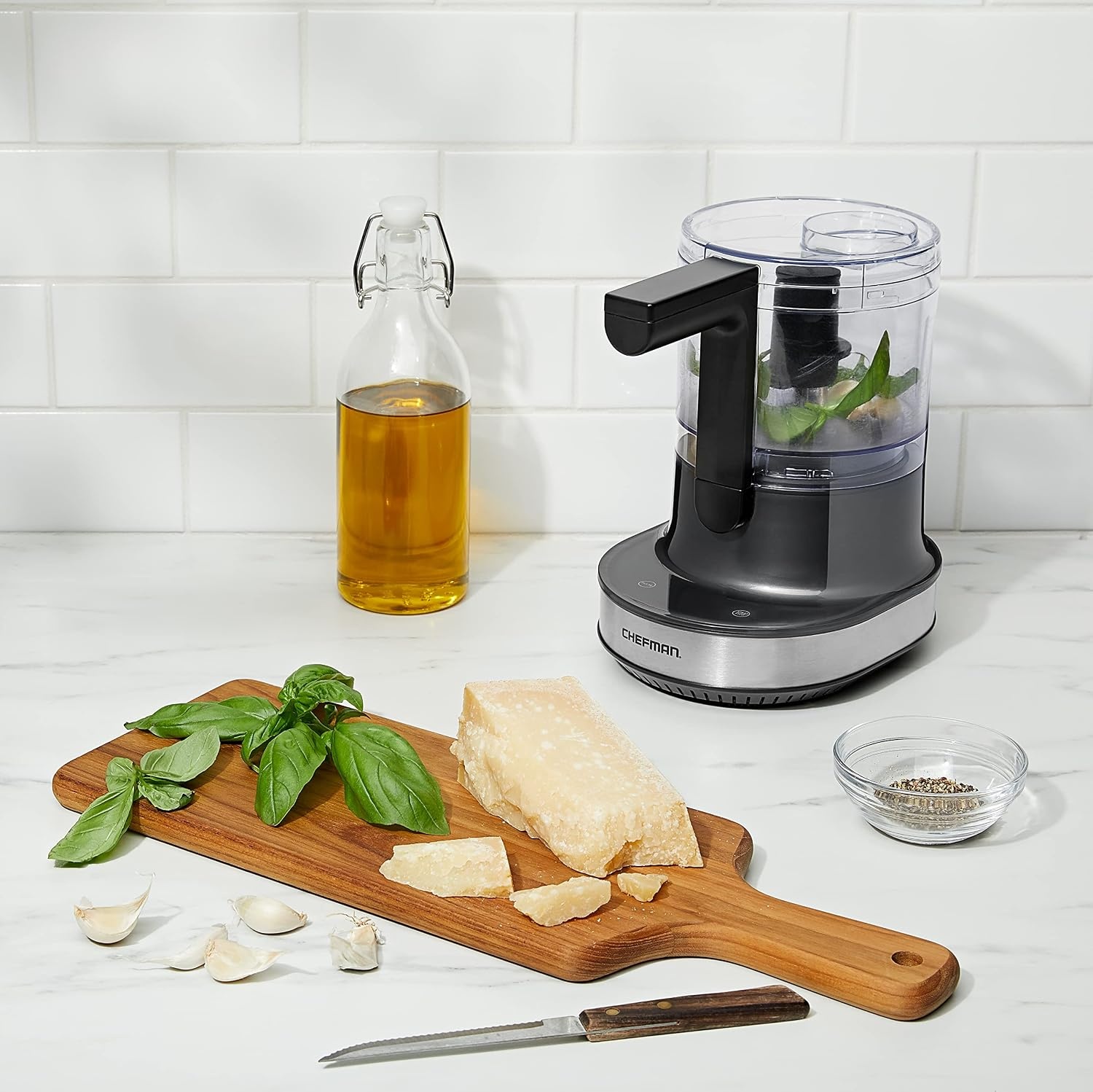 image:imageChefman Electric 4Cup Food Chopper Blender with Revolutionary Vertical Motion AutoChopping for Perfectly Even Mixing Results DishwasherSafe Stainless Steel Dual Blades BPAFree Bowl amp Lid BlackGray