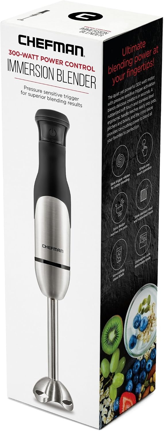 image:imageChefman Electric Immersion Blender 300Watt Stick HandHeld Blending wSimple One Touch Power Control Pressure Sensitive Multiple Speed Trigger Detachable Blade Stainless Steel