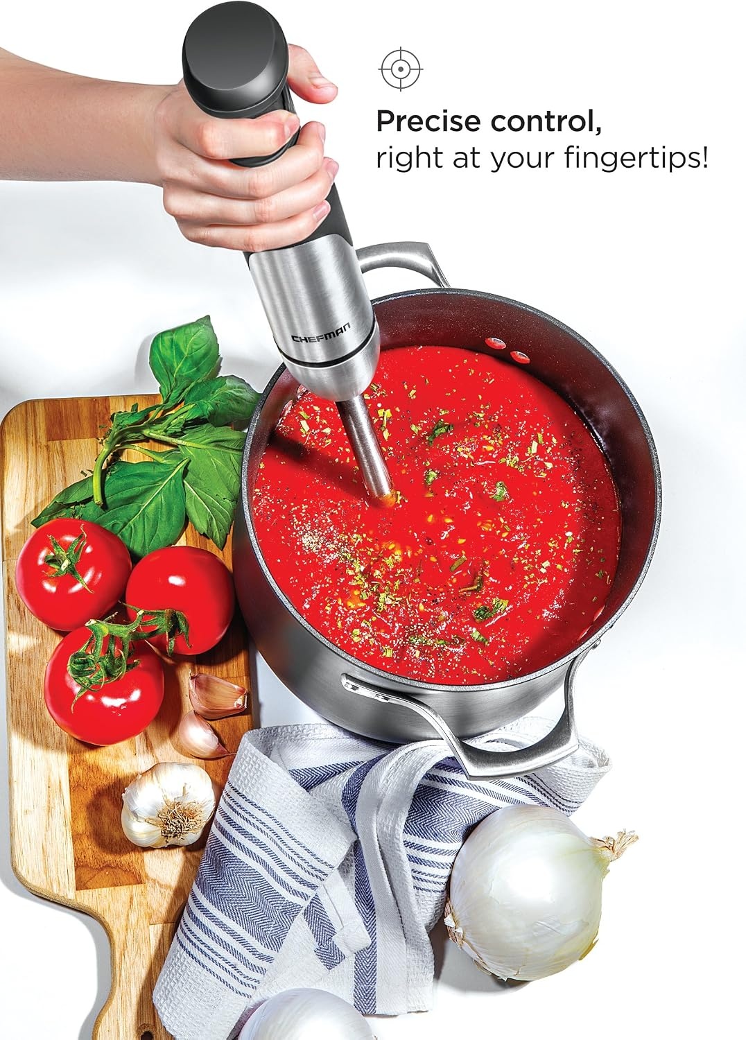 image:imageChefman Electric Immersion Blender 300Watt Stick HandHeld Blending wSimple One Touch Power Control Pressure Sensitive Multiple Speed Trigger Detachable Blade Stainless Steel