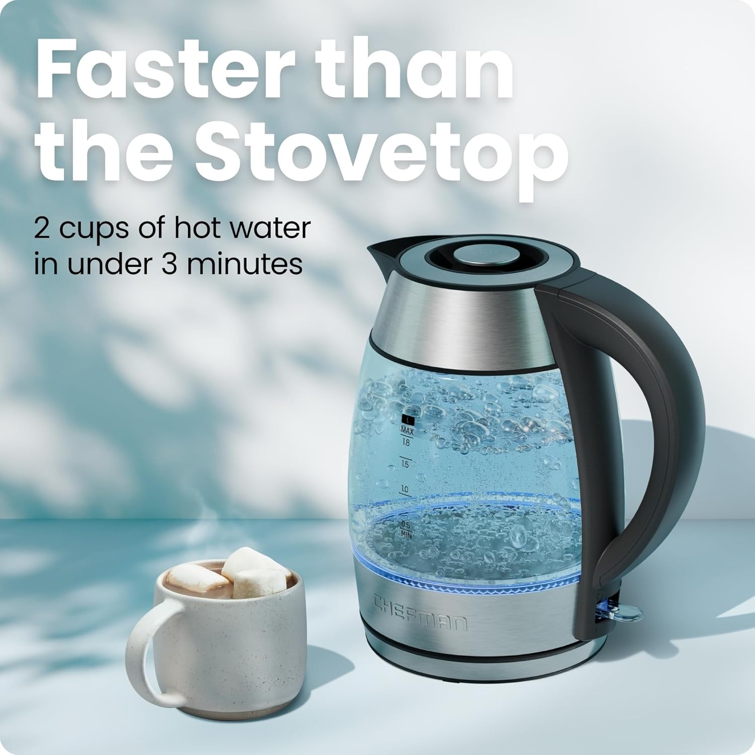 image:imageChefman Electric Kettle 18L 1500W Hot Water Boiler Removable Lid for Easy Cleaning Auto Shut Off BoilDry Protection Stainless Steel Filter BPA Free Borosilicate Glass Electric Tea KettleStainless Steel