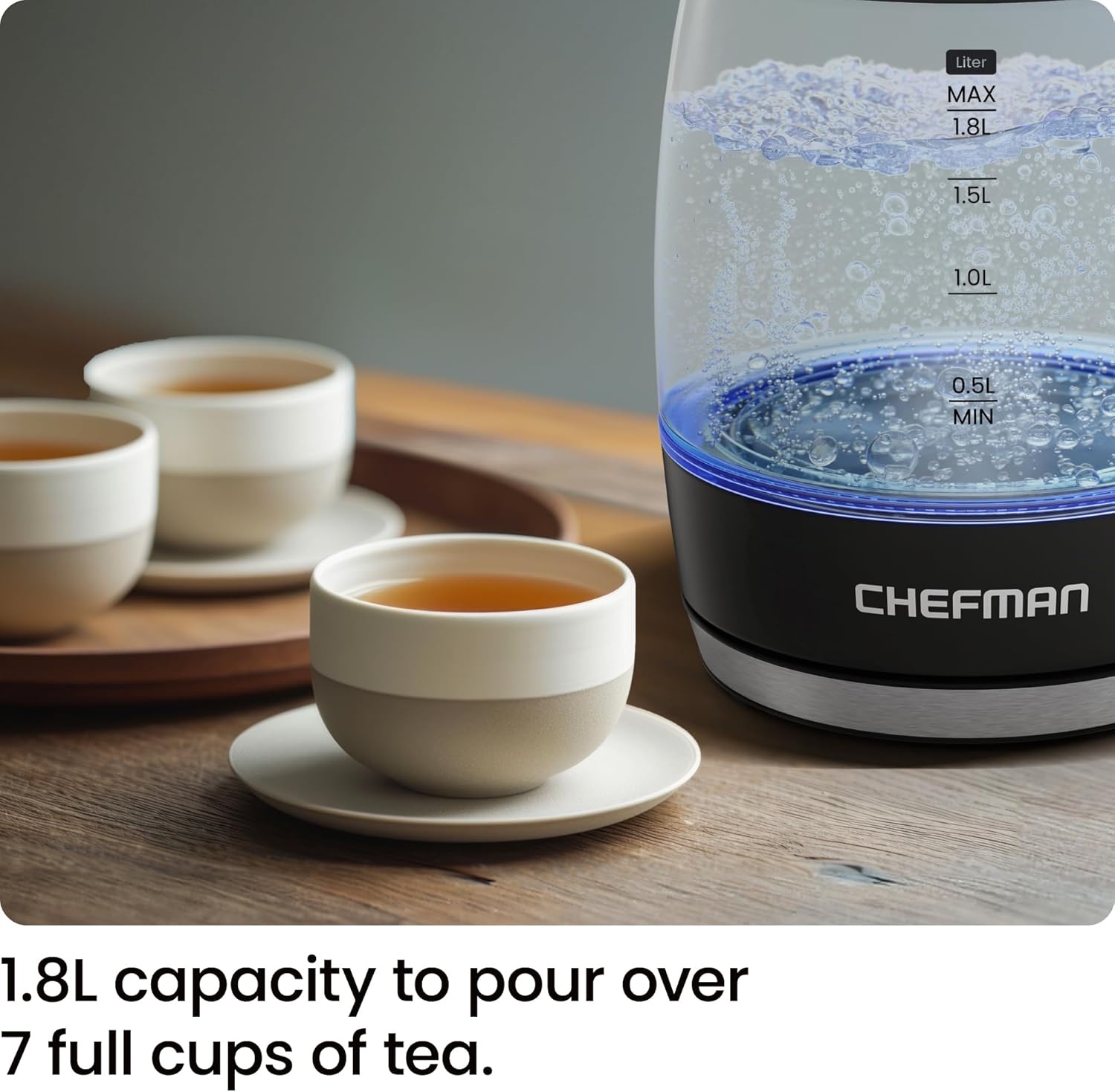 image:imageChefman Electric Kettle 18L 1500W Hot Water Boiler Removable Lid for Easy Cleaning Auto Shut Off BoilDry Protection Stainless Steel Filter BPA Free Borosilicate Glass Electric Tea KettleBlack