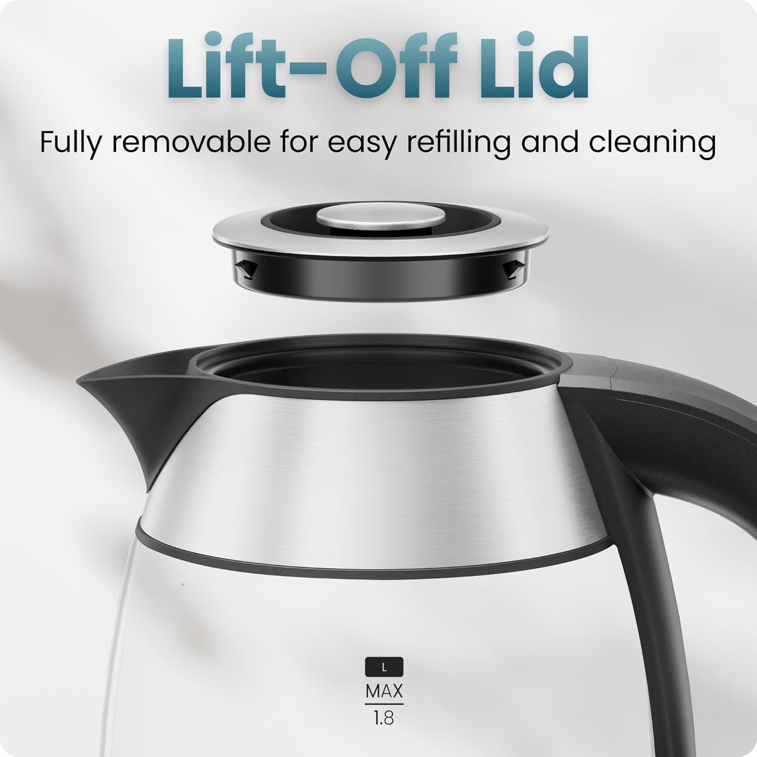 image:imageChefman Electric Kettle 18L 1500W Hot Water Boiler Removable Lid for Easy Cleaning Auto Shut Off BoilDry Protection Stainless Steel Filter BPA Free Borosilicate Glass Electric Tea KettleStainless Steel