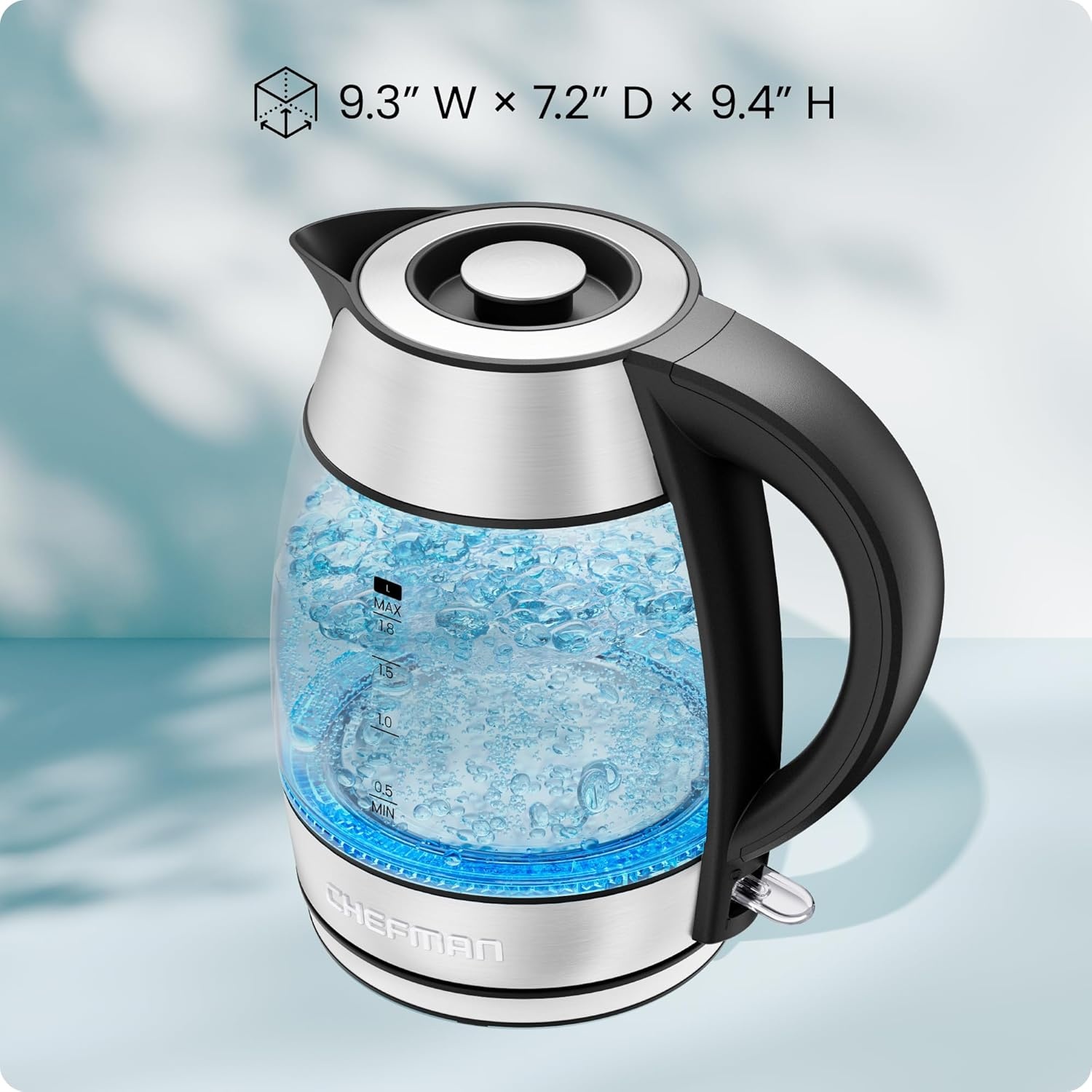 image:imageChefman Electric Kettle 18L 1500W Hot Water Boiler Removable Lid for Easy Cleaning Auto Shut Off BoilDry Protection Stainless Steel Filter BPA Free Borosilicate Glass Electric Tea KettleStainless Steel