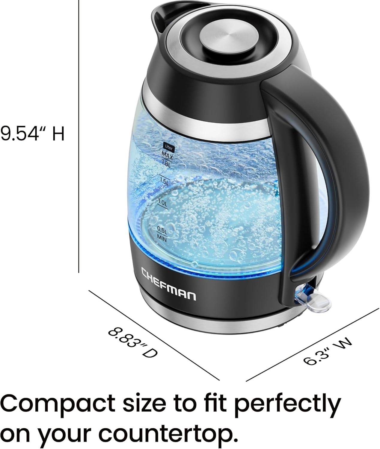 image:imageChefman Electric Kettle 18L 1500W Hot Water Boiler Removable Lid for Easy Cleaning Auto Shut Off BoilDry Protection Stainless Steel Filter BPA Free Borosilicate Glass Electric Tea KettleBlack