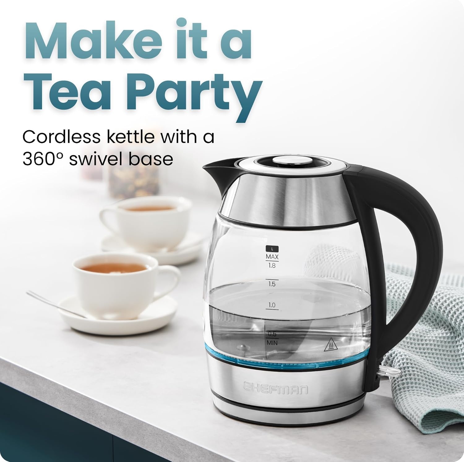 image:imageChefman Electric Kettle 18L 1500W Hot Water Boiler Removable Lid for Easy Cleaning Auto Shut Off BoilDry Protection Stainless Steel Filter BPA Free Borosilicate Glass Electric Tea KettleStainless Steel