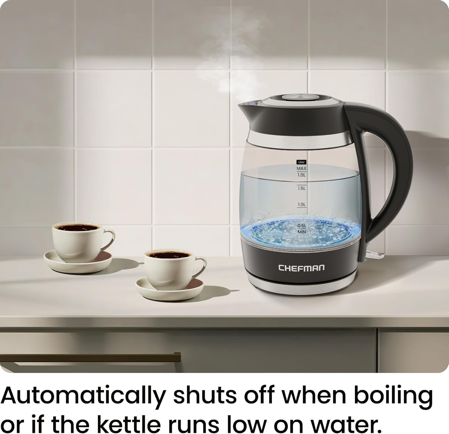 image:imageChefman Electric Kettle 18L 1500W Hot Water Boiler Removable Lid for Easy Cleaning Auto Shut Off BoilDry Protection Stainless Steel Filter BPA Free Borosilicate Glass Electric Tea KettleBlack
