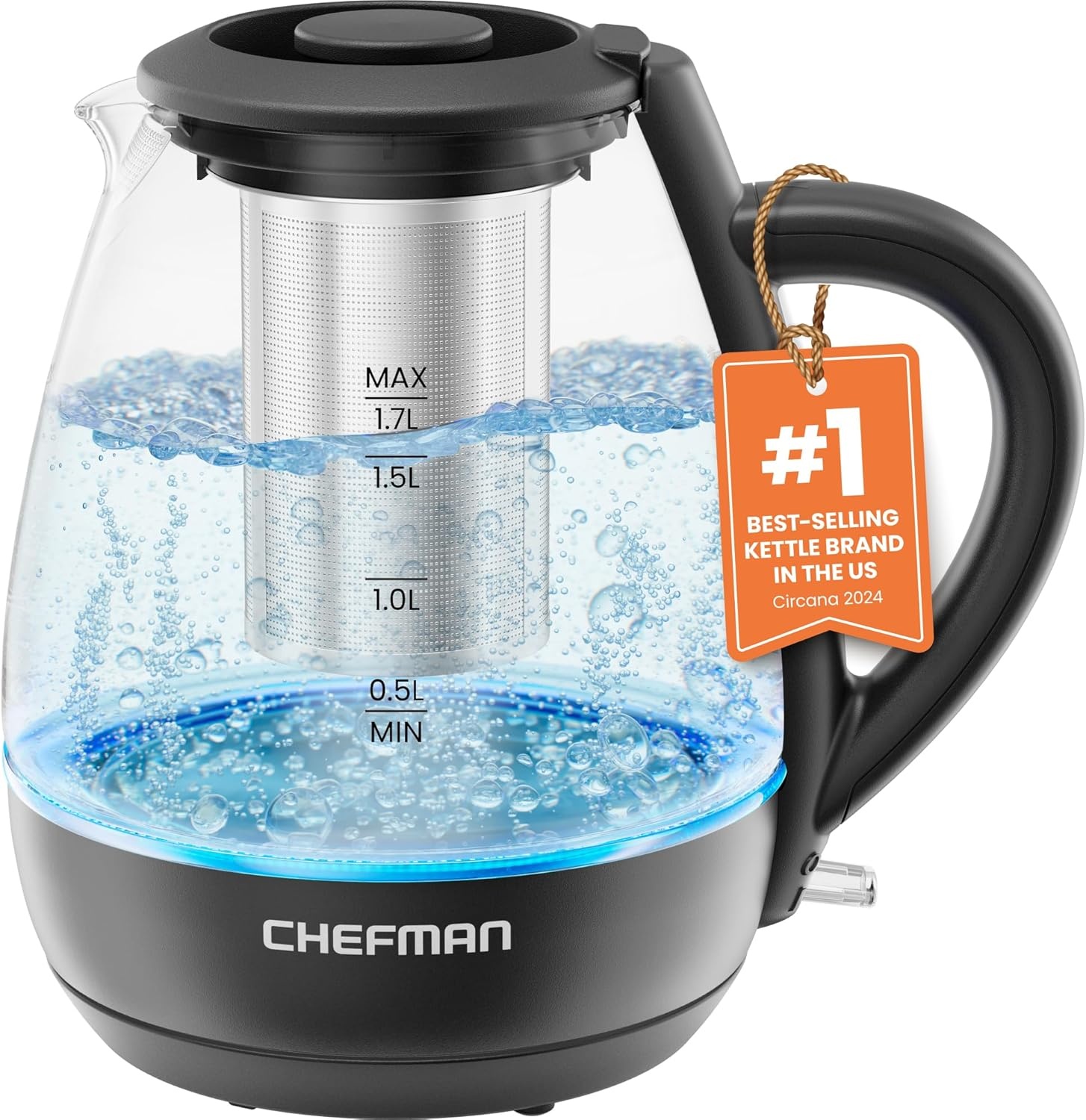 image:imageChefman Electric Kettle with Tea Infuser Compact 1L 4 Cups 1500W Removable Lid for Easy Cleaning BoilDry Protection Stainless Steel Filter BPA Free Auto Shut Off Small Electric Tea KettleBlack