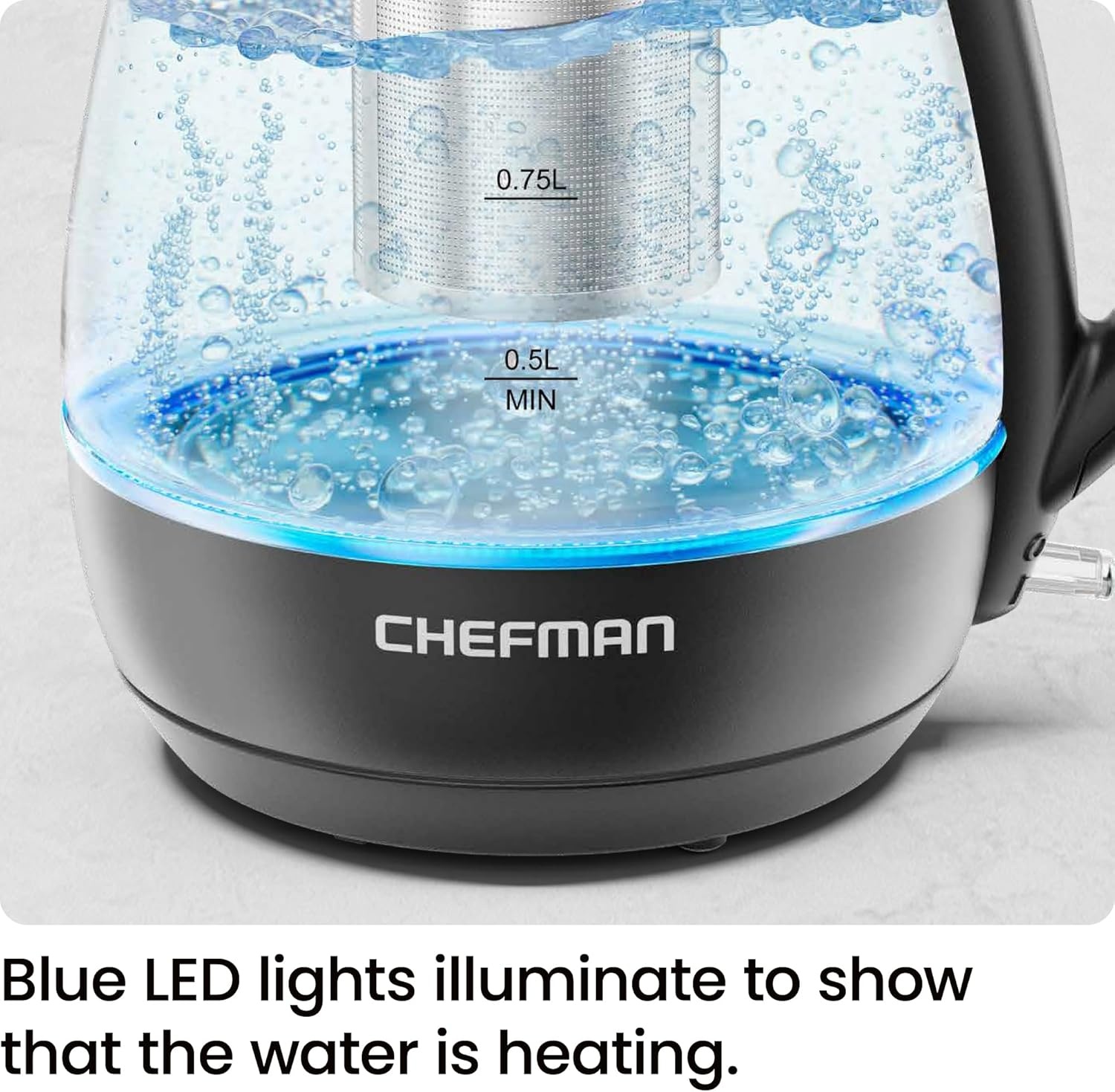 image:imageChefman Electric Kettle with Tea Infuser Compact 1L 4 Cups 1500W Removable Lid for Easy Cleaning BoilDry Protection Stainless Steel Filter BPA Free Auto Shut Off Small Electric Tea KettleBlack