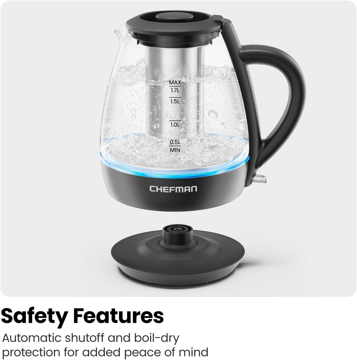 image:imageChefman Electric Kettle with Tea Infuser Compact 1L 4 Cups 1500W Removable Lid for Easy Cleaning BoilDry Protection Stainless Steel Filter BPA Free Auto Shut Off Small Electric Tea KettleBlack