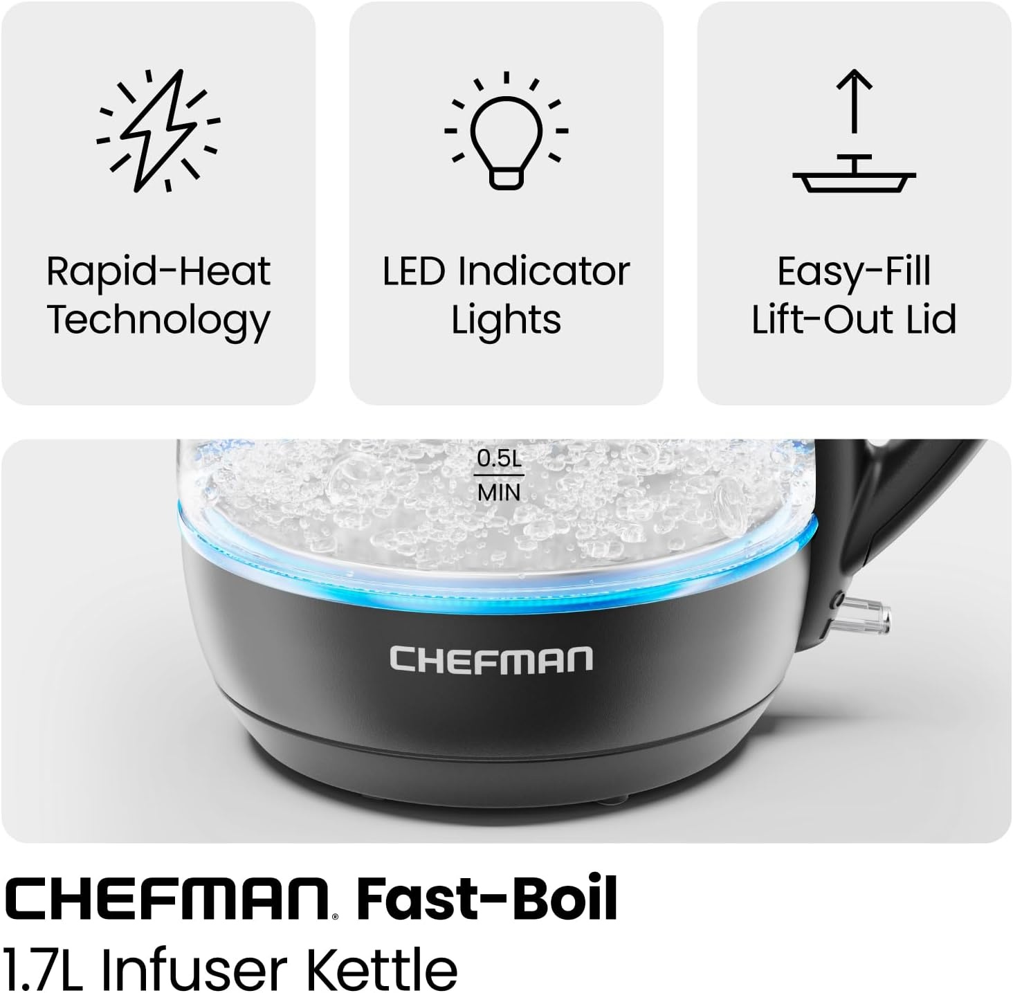 image:imageChefman Electric Kettle with Tea Infuser Compact 1L 4 Cups 1500W Removable Lid for Easy Cleaning BoilDry Protection Stainless Steel Filter BPA Free Auto Shut Off Small Electric Tea KettleBlack