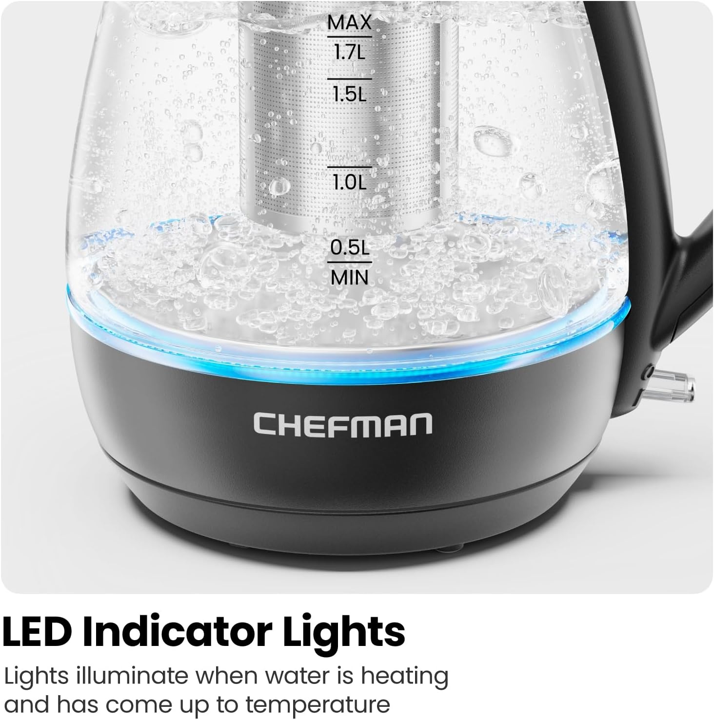 image:imageChefman Electric Kettle with Tea Infuser Compact 1L 4 Cups 1500W Removable Lid for Easy Cleaning BoilDry Protection Stainless Steel Filter BPA Free Auto Shut Off Small Electric Tea KettleBlack