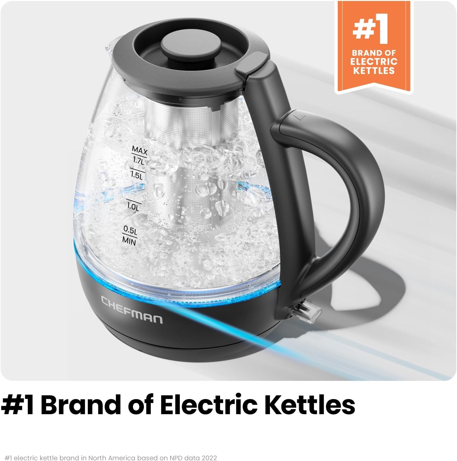 image:imageChefman Electric Kettle with Tea Infuser Compact 1L 4 Cups 1500W Removable Lid for Easy Cleaning BoilDry Protection Stainless Steel Filter BPA Free Auto Shut Off Small Electric Tea KettleBlack