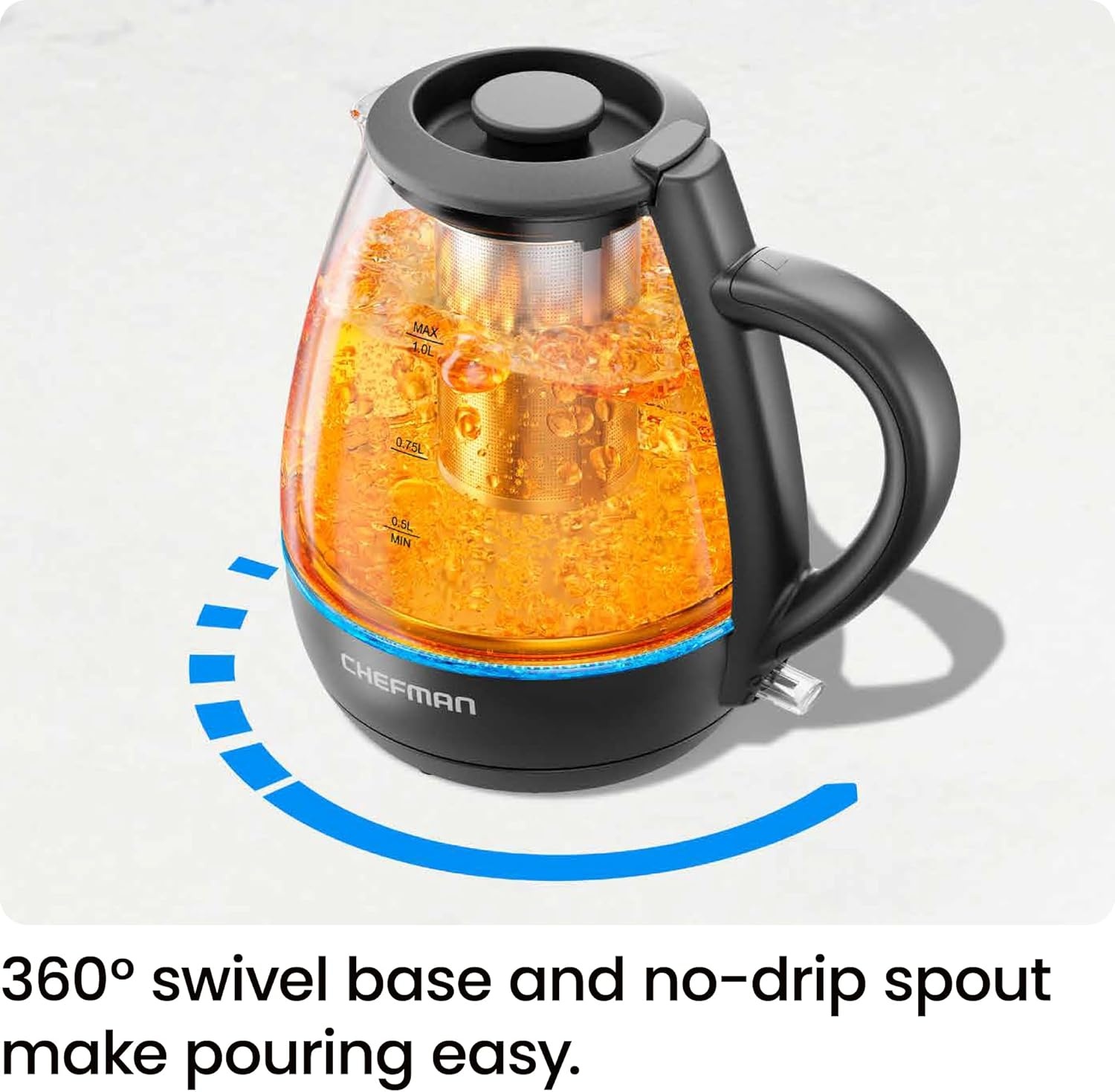 image:imageChefman Electric Kettle with Tea Infuser Compact 1L 4 Cups 1500W Removable Lid for Easy Cleaning BoilDry Protection Stainless Steel Filter BPA Free Auto Shut Off Small Electric Tea KettleBlack