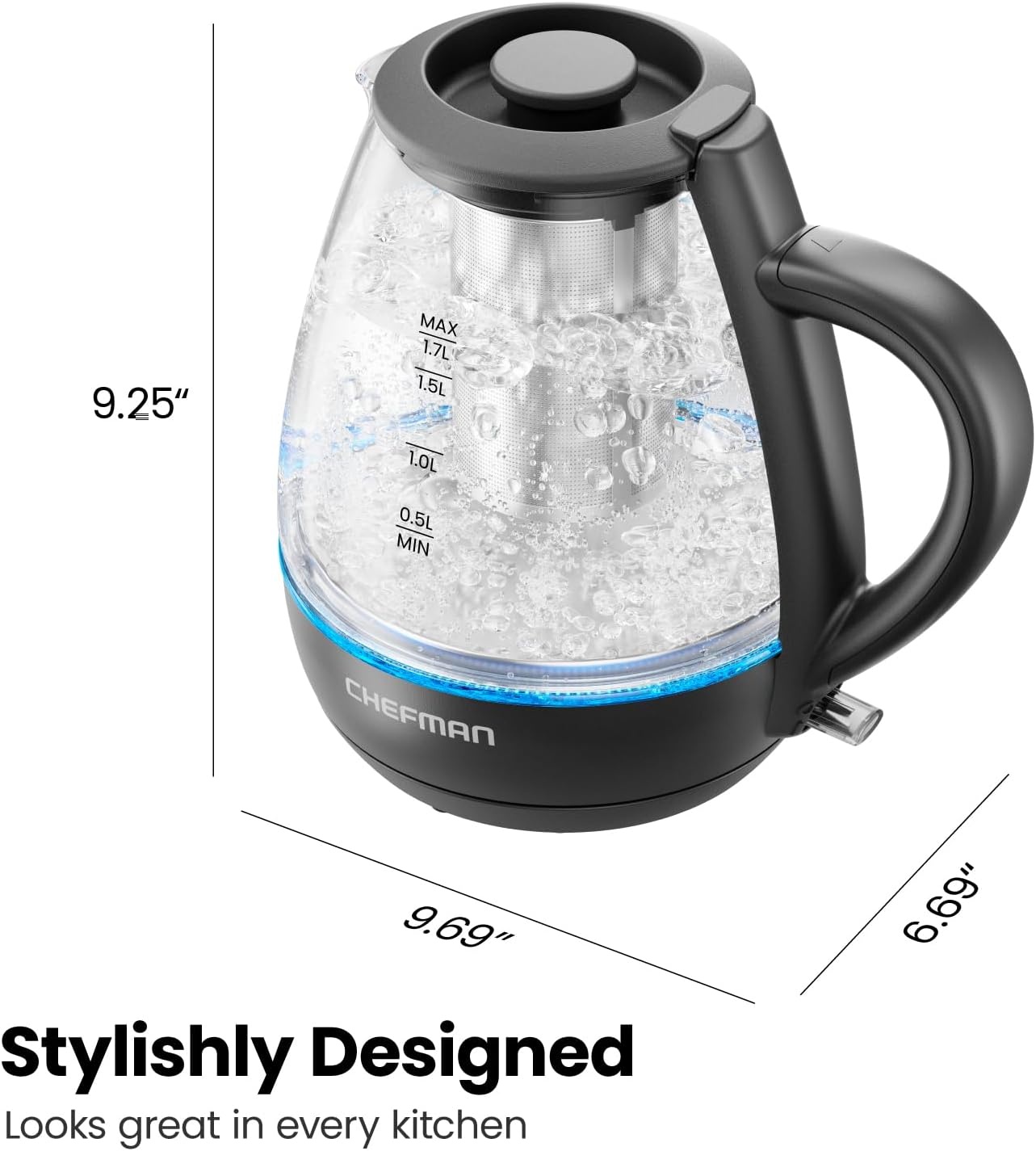 image:imageChefman Electric Kettle with Tea Infuser Compact 1L 4 Cups 1500W Removable Lid for Easy Cleaning BoilDry Protection Stainless Steel Filter BPA Free Auto Shut Off Small Electric Tea KettleBlack