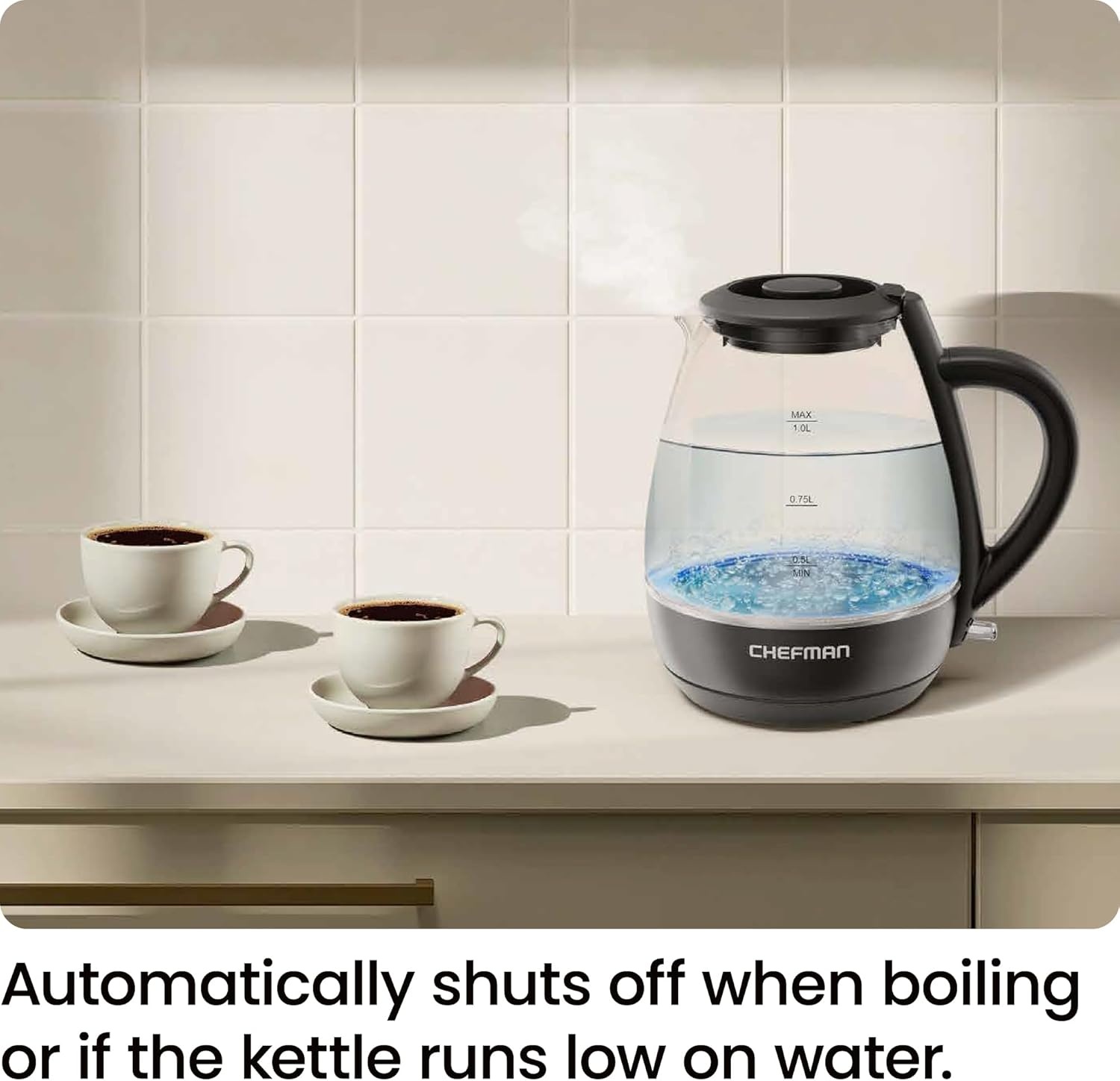 image:imageChefman Electric Kettle with Tea Infuser Compact 1L 4 Cups 1500W Removable Lid for Easy Cleaning BoilDry Protection Stainless Steel Filter BPA Free Auto Shut Off Small Electric Tea KettleBlack