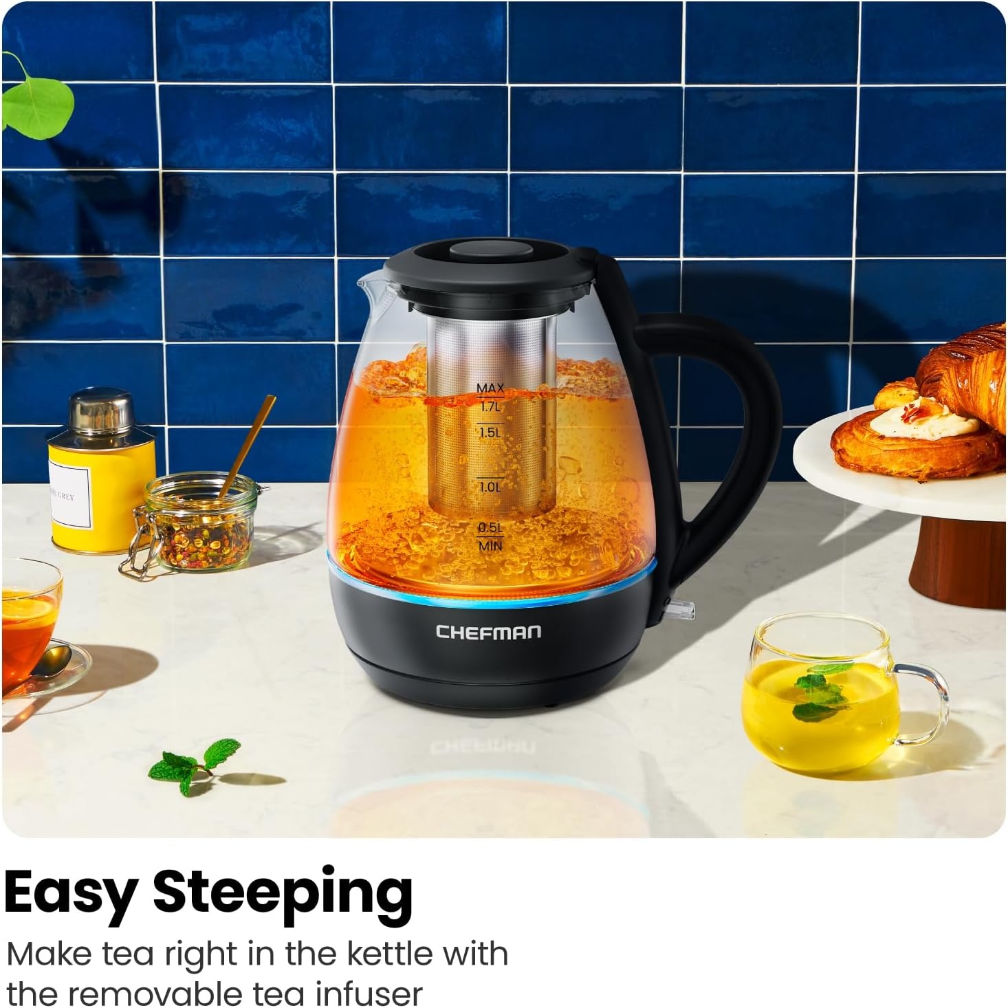 image:imageChefman Electric Kettle with Tea Infuser Compact 1L 4 Cups 1500W Removable Lid for Easy Cleaning BoilDry Protection Stainless Steel Filter BPA Free Auto Shut Off Small Electric Tea KettleBlack