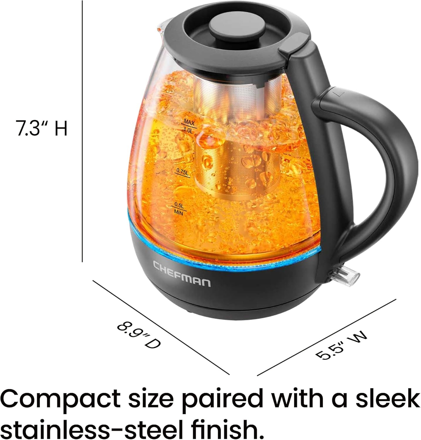 image:imageChefman Electric Kettle with Tea Infuser Compact 1L 4 Cups 1500W Removable Lid for Easy Cleaning BoilDry Protection Stainless Steel Filter BPA Free Auto Shut Off Small Electric Tea KettleBlack