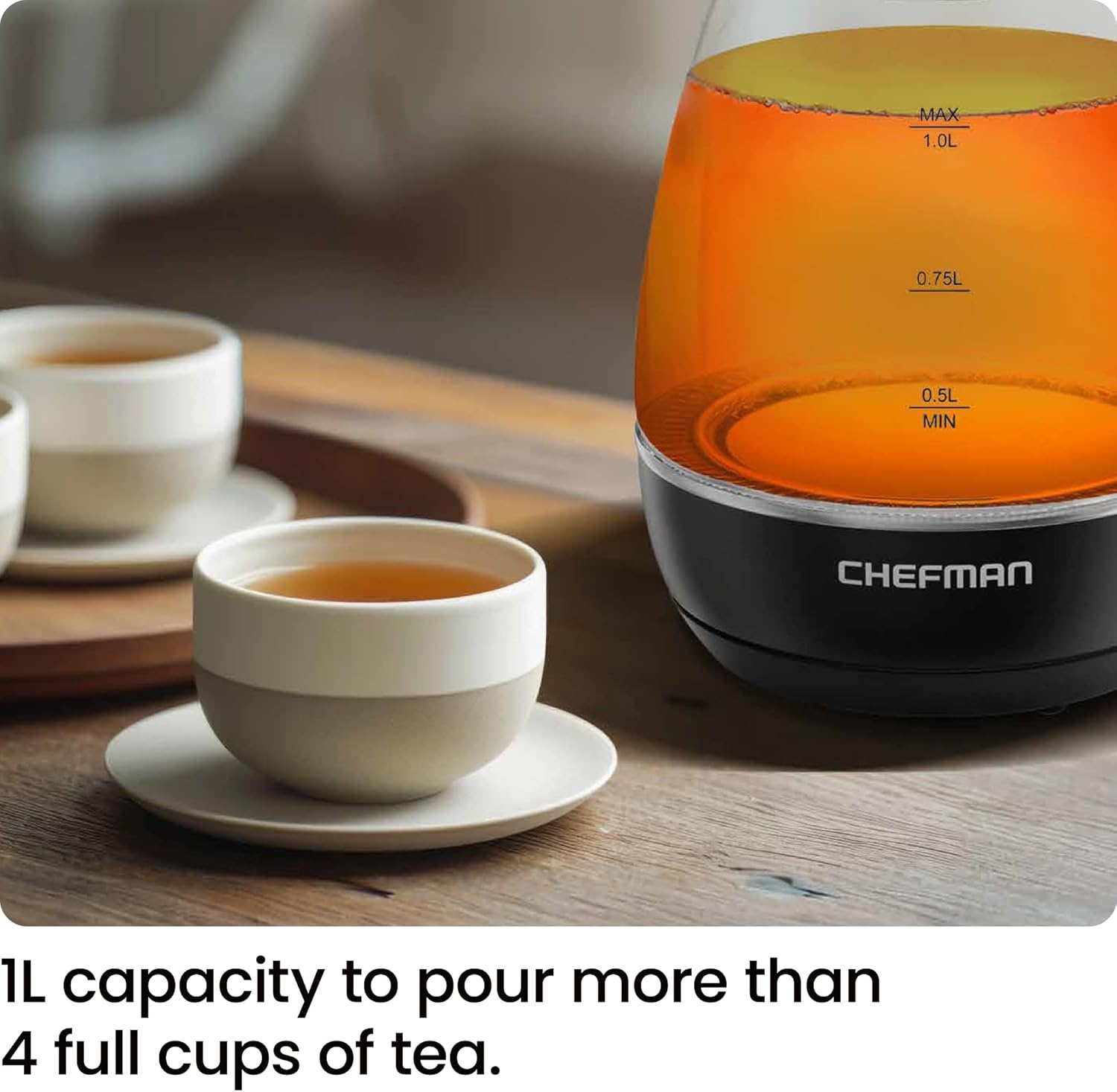 image:imageChefman Electric Kettle with Tea Infuser Compact 1L 4 Cups 1500W Removable Lid for Easy Cleaning BoilDry Protection Stainless Steel Filter BPA Free Auto Shut Off Small Electric Tea KettleBlack