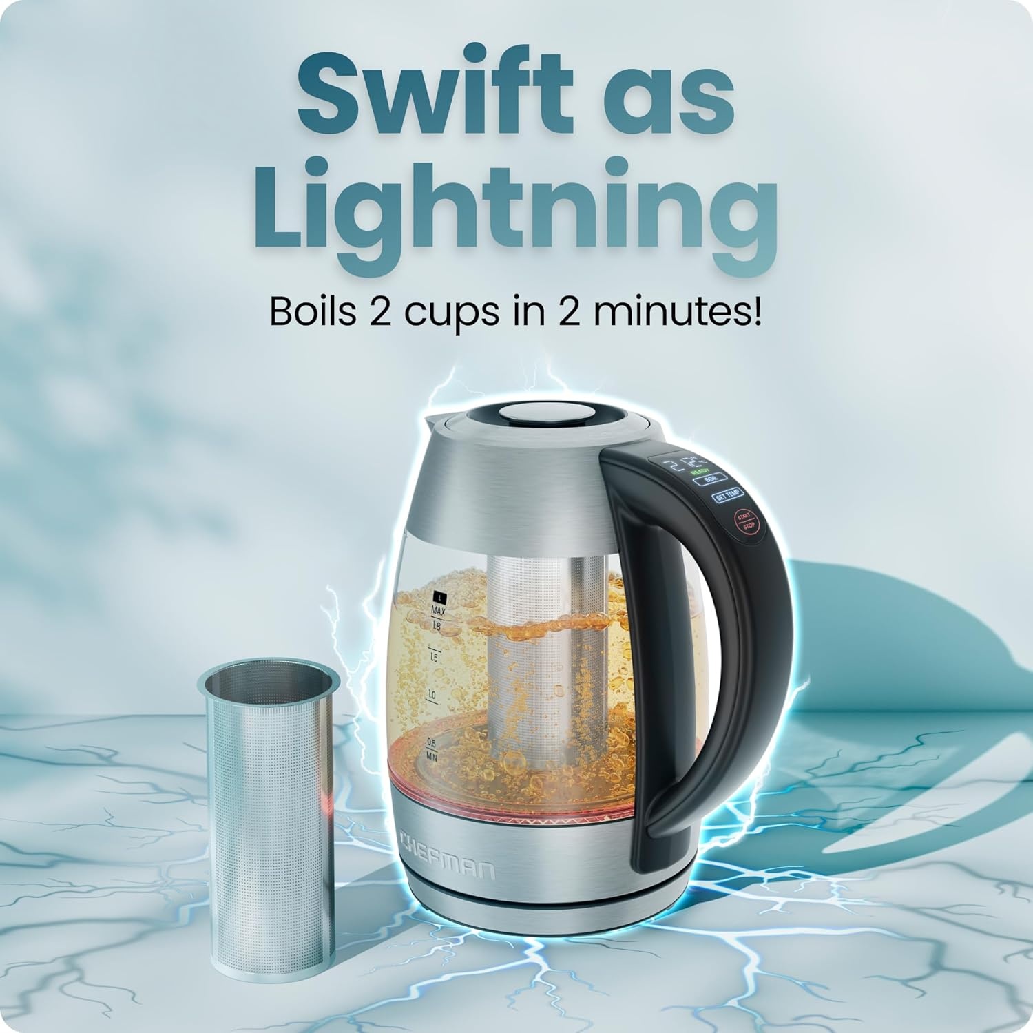 image:imageChefman Electric Kettle with Temperature Control 5 Presets LED Indicator Lights Removable Tea Infuser Glass Tea Kettle amp Hot Water Boiler 360 Swivel Base BPA Free Stainless Steel 18 LitersStainless Steel