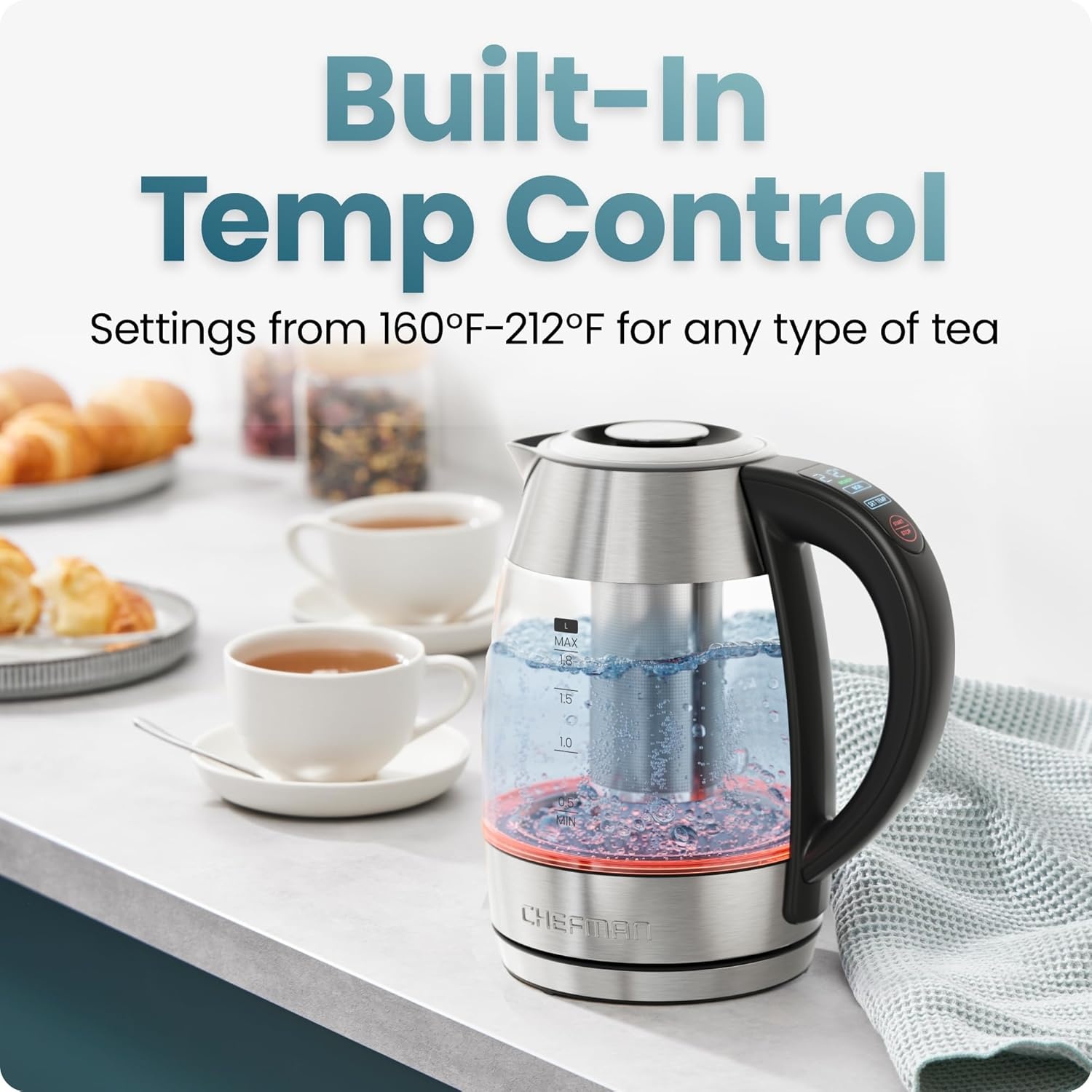 image:imageChefman Electric Kettle with Temperature Control 5 Presets LED Indicator Lights Removable Tea Infuser Glass Tea Kettle amp Hot Water Boiler 360 Swivel Base BPA Free Stainless Steel 18 LitersStainless Steel