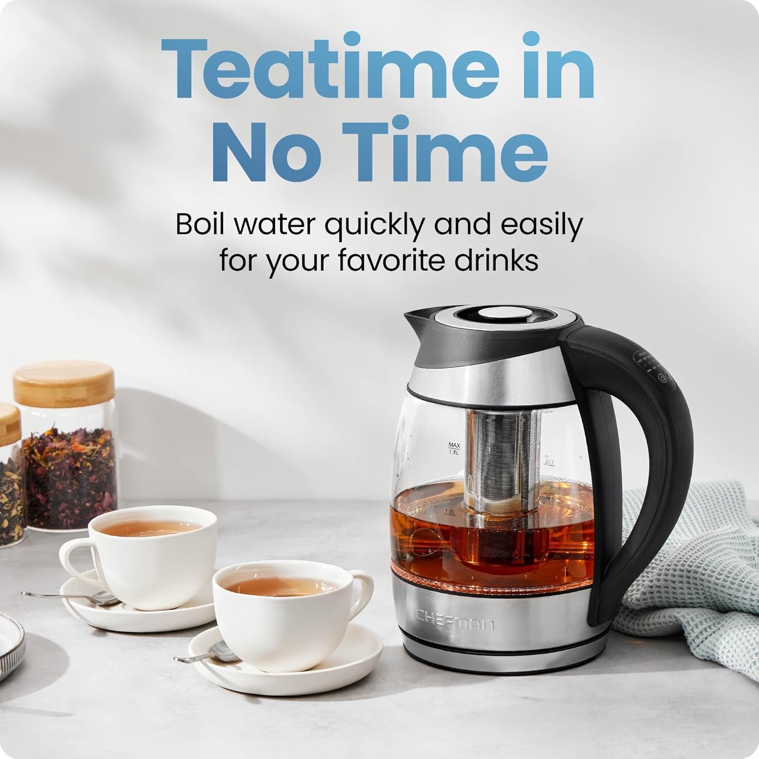image:imageChefman Electric Kettle with Temperature Control 5 Presets LED Indicator Lights Removable Tea Infuser Glass Tea Kettle amp Hot Water Boiler 360 Swivel Base BPA Free Stainless Steel 18 Liters18L Temperature Control