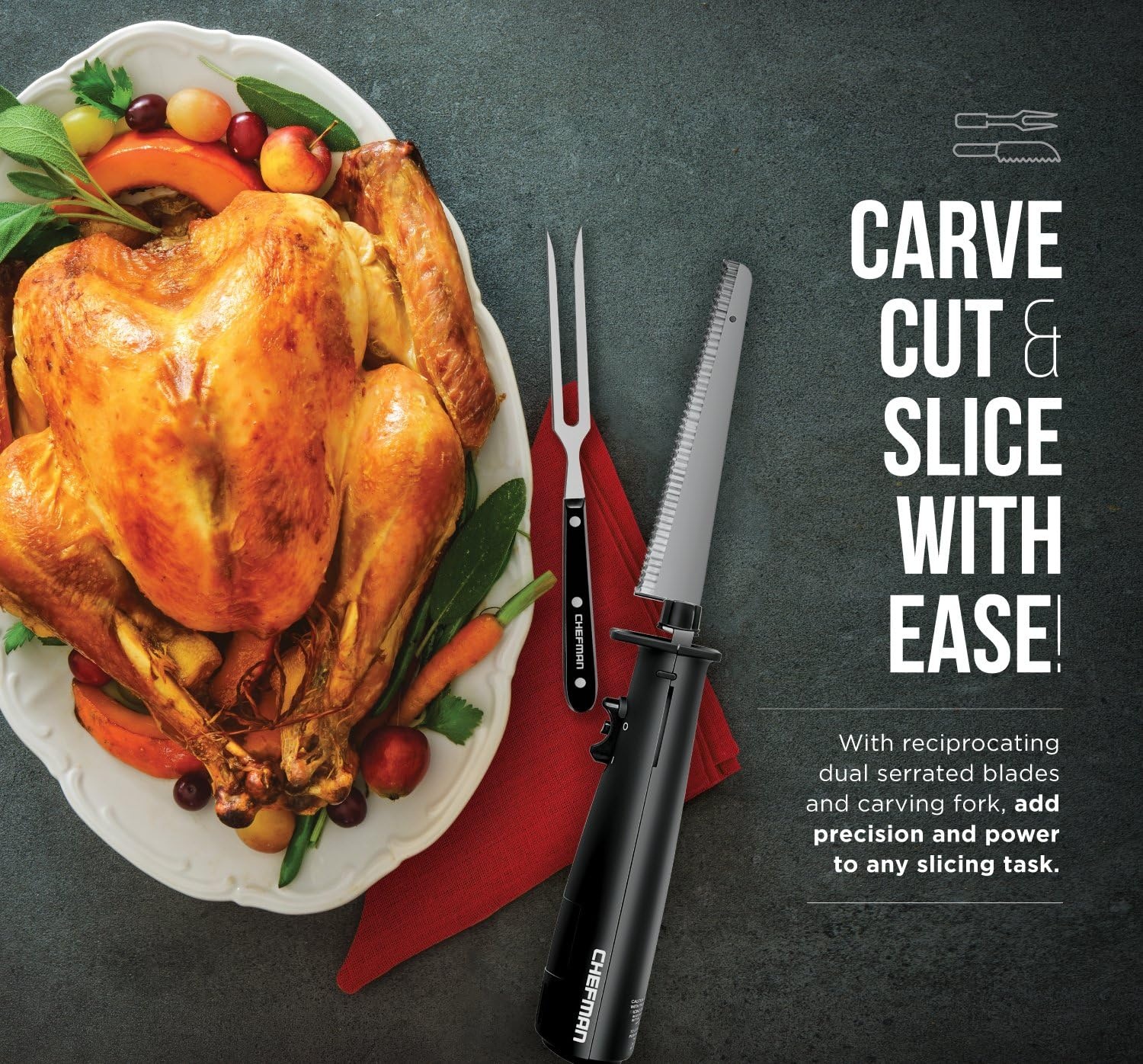 image:imageChefman Electric Knife with Bonus Carving Fork amp Space Saving Storage Case Included One Touch Durable 8 Inch Stainless Steel Blades Rubberized Black Handle BPA Free 120 Volts and Watts