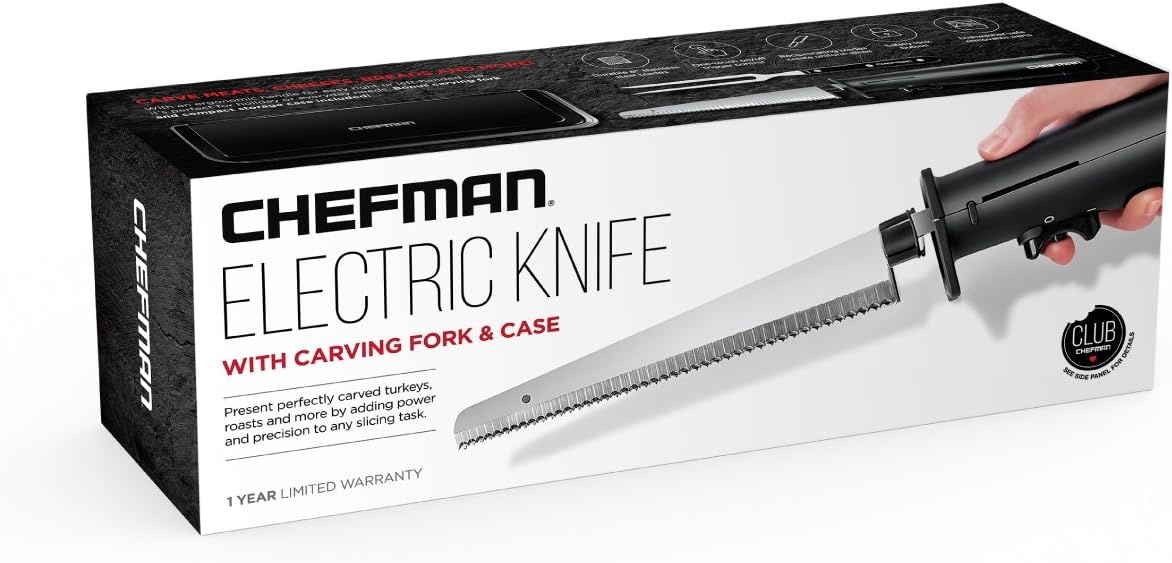 image:imageChefman Electric Knife with Bonus Carving Fork amp Space Saving Storage Case Included One Touch Durable 8 Inch Stainless Steel Blades Rubberized Black Handle BPA Free 120 Volts and Watts