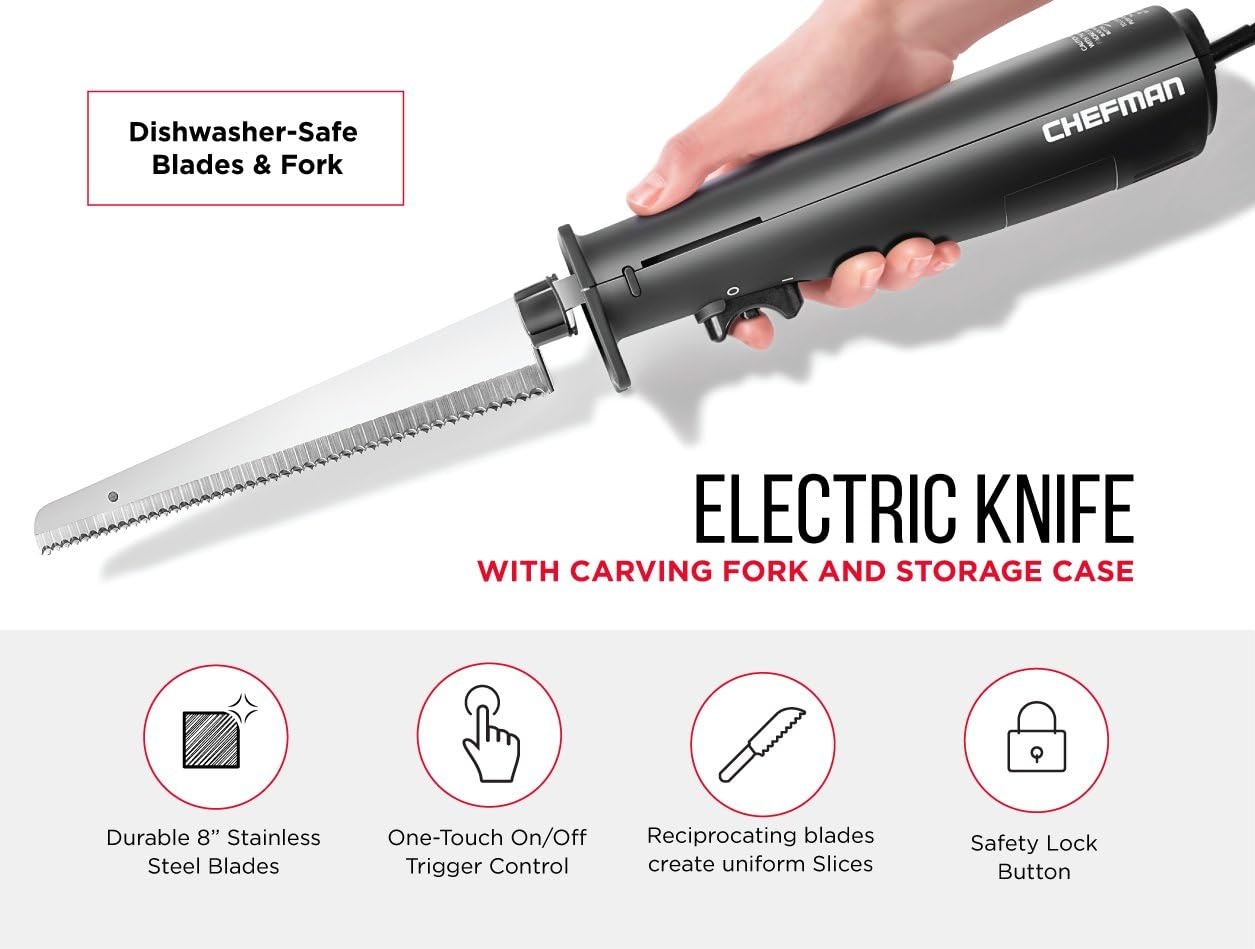 image:imageChefman Electric Knife with Bonus Carving Fork amp Space Saving Storage Case Included One Touch Durable 8 Inch Stainless Steel Blades Rubberized Black Handle BPA Free 120 Volts and Watts