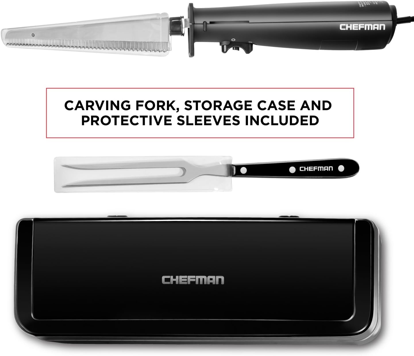 image:imageChefman Electric Knife with Bonus Carving Fork amp Space Saving Storage Case Included One Touch Durable 8 Inch Stainless Steel Blades Rubberized Black Handle BPA Free 120 Volts and Watts