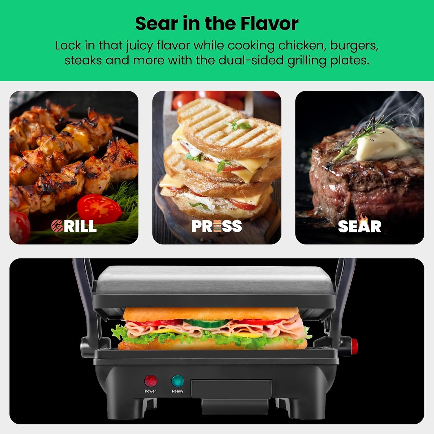 image:imageChefman Electric Panini Press Grill Compact 2Slice Sandwich Maker NonStick Coated Plates Opens 180 Degrees Dishwasher Safe Removable Drip Tray Stainless SteelBlack2 Slice