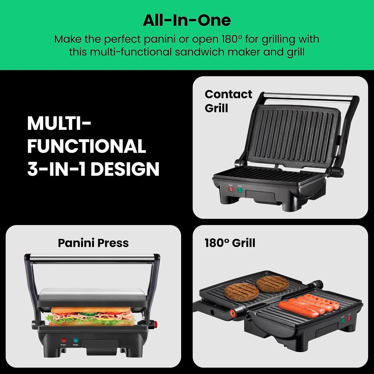 image:imageChefman Electric Panini Press Grill Compact 2Slice Sandwich Maker NonStick Coated Plates Opens 180 Degrees Dishwasher Safe Removable Drip Tray Stainless SteelBlack2 Slice Pack of 4