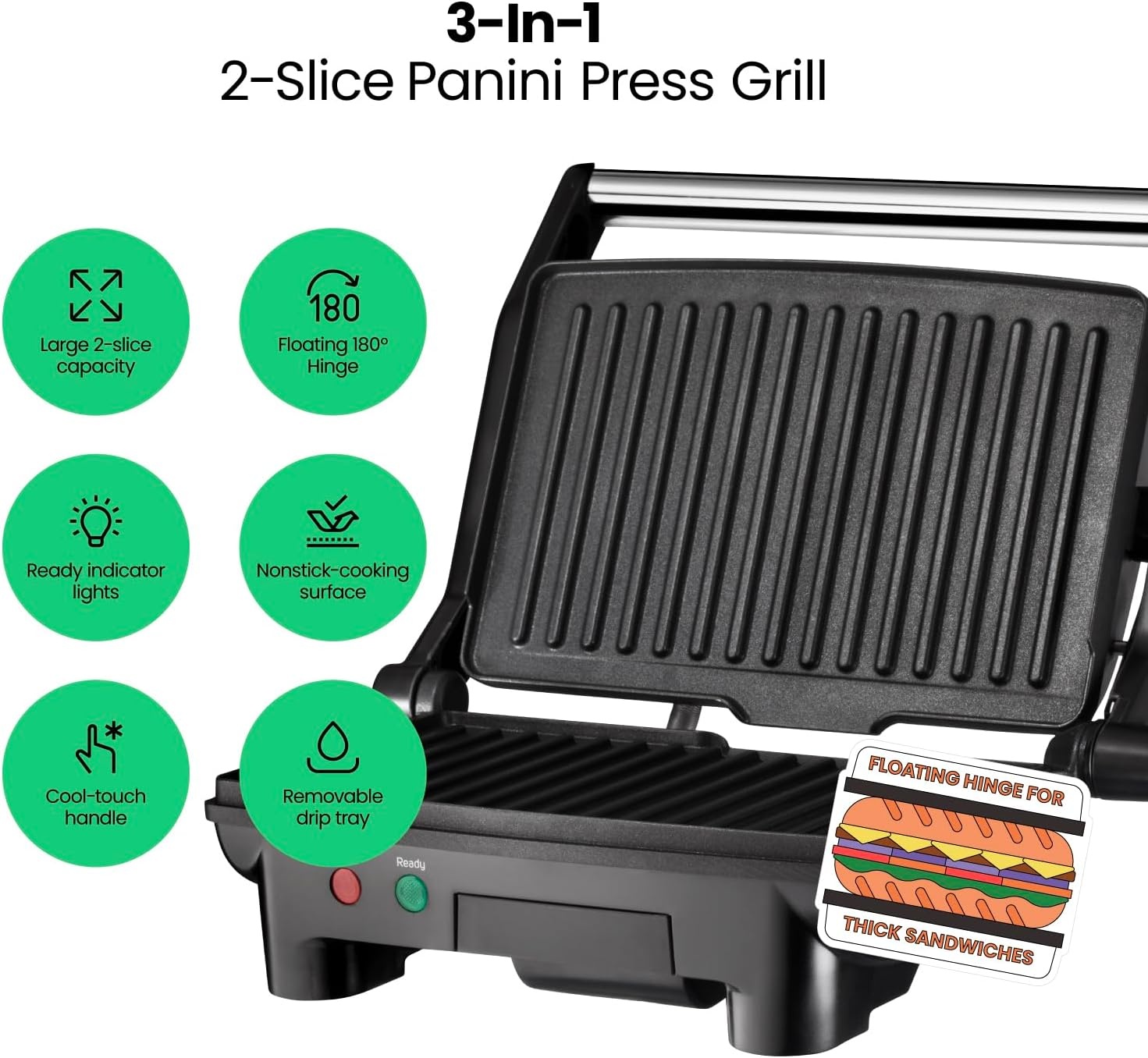 image:imageChefman Electric Panini Press Grill Compact 2Slice Sandwich Maker NonStick Coated Plates Opens 180 Degrees Dishwasher Safe Removable Drip Tray Stainless SteelBlack2 Slice