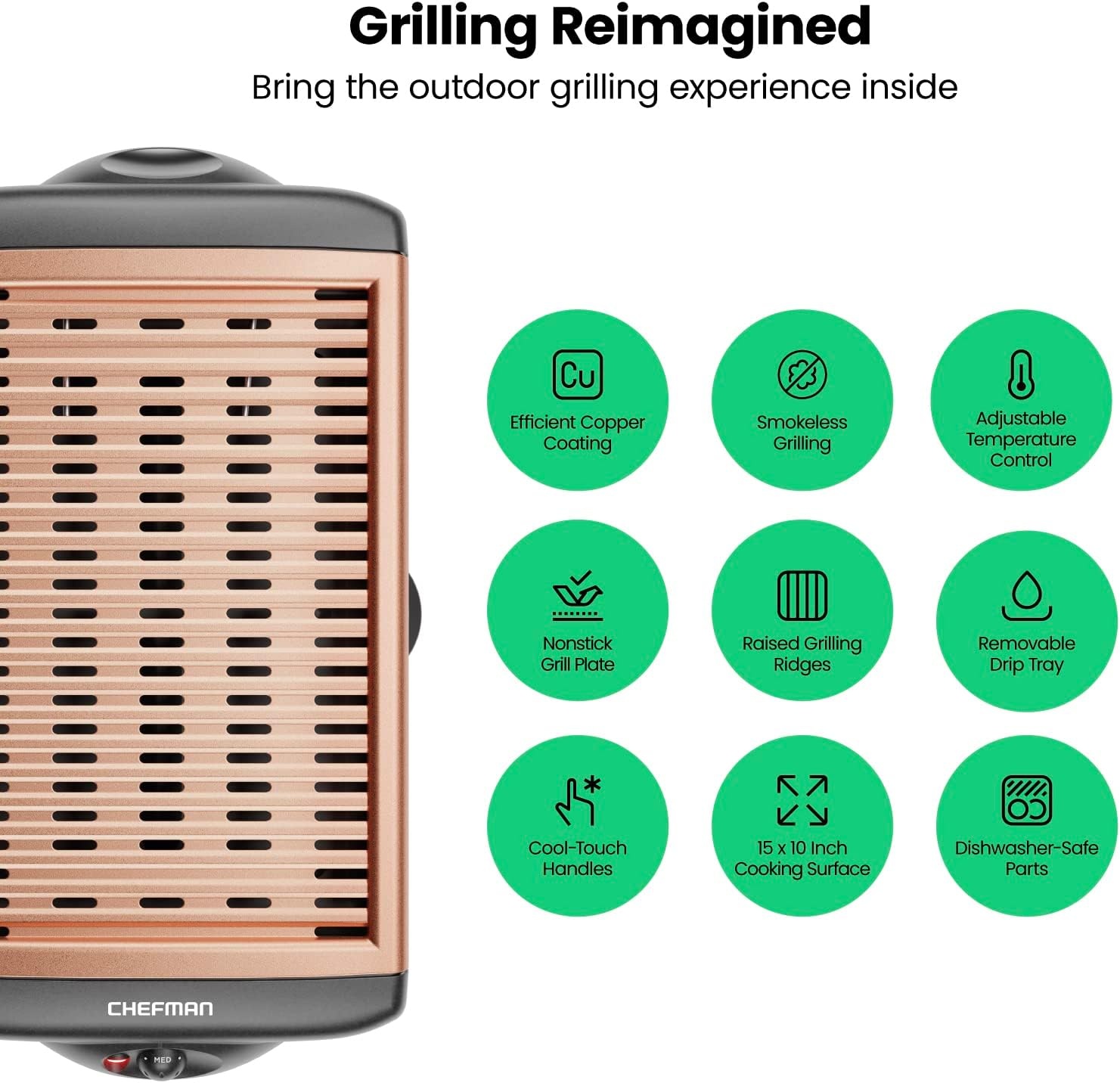 image:imageChefman Electric Smokeless Indoor Grill w NonStick Cooking Surface amp Adjustable Temperature Knob from Warm to Sear for Customized BBQing Dishwasher Safe Removable Water Tray BlackCopper