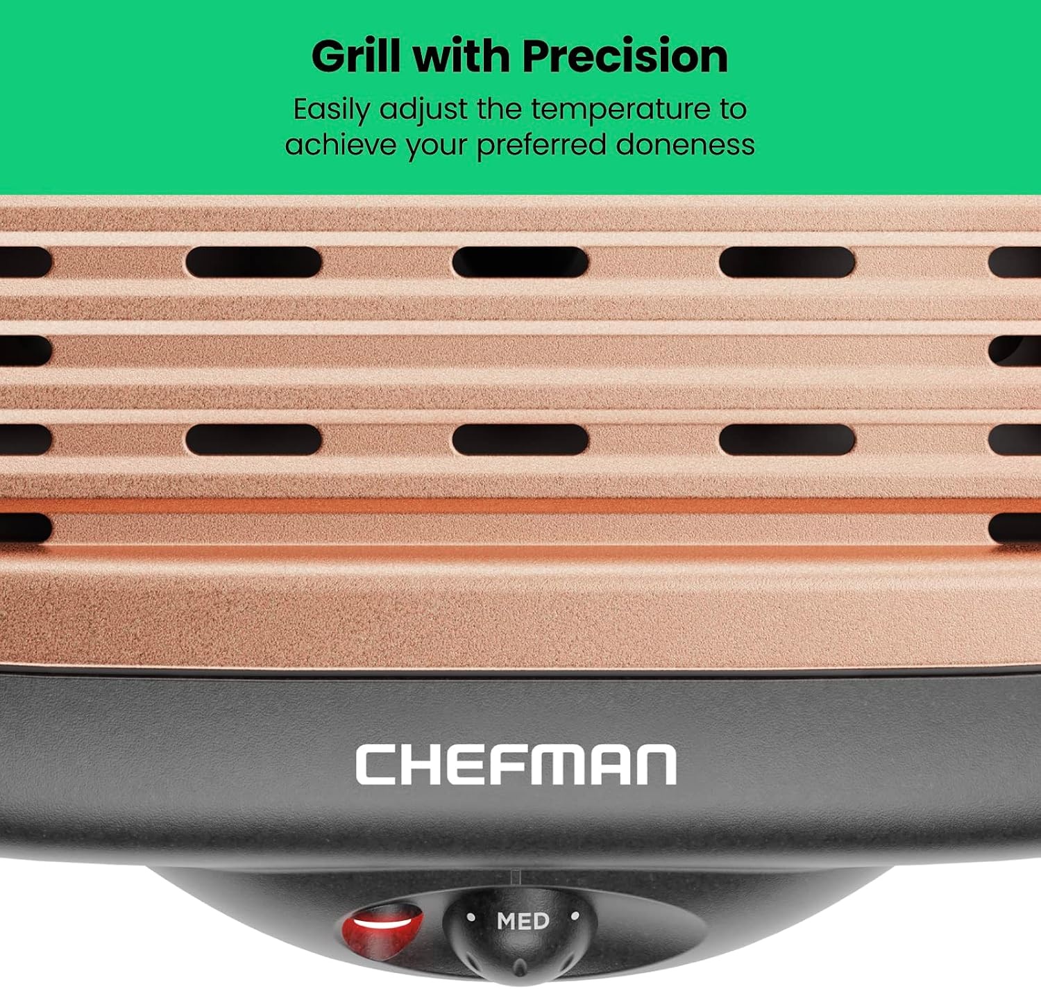 image:imageChefman Electric Smokeless Indoor Grill w NonStick Cooking Surface amp Adjustable Temperature Knob from Warm to Sear for Customized BBQing Dishwasher Safe Removable Water Tray BlackCopper