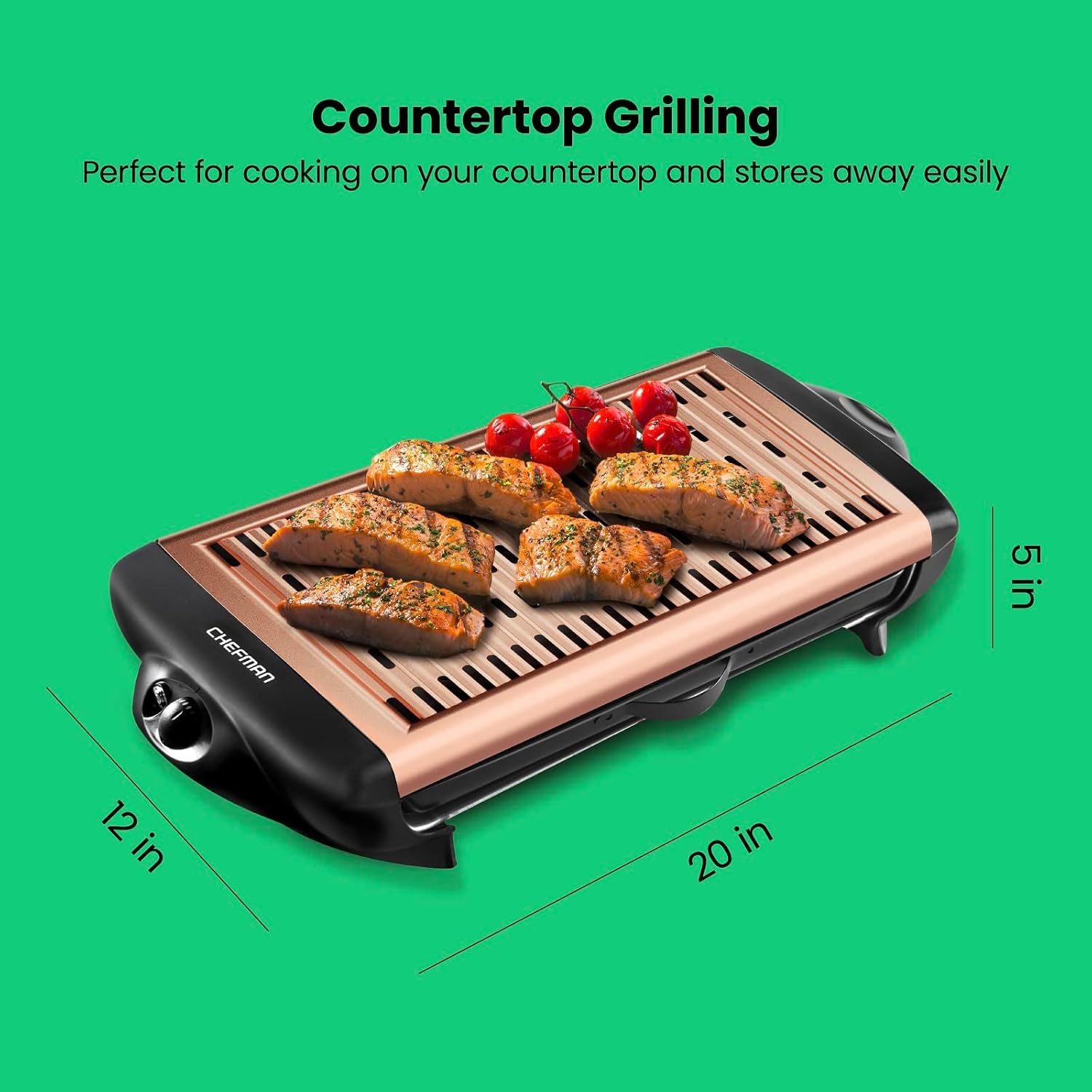 image:imageChefman Electric Smokeless Indoor Grill w NonStick Cooking Surface amp Adjustable Temperature Knob from Warm to Sear for Customized BBQing Dishwasher Safe Removable Water Tray BlackCopper