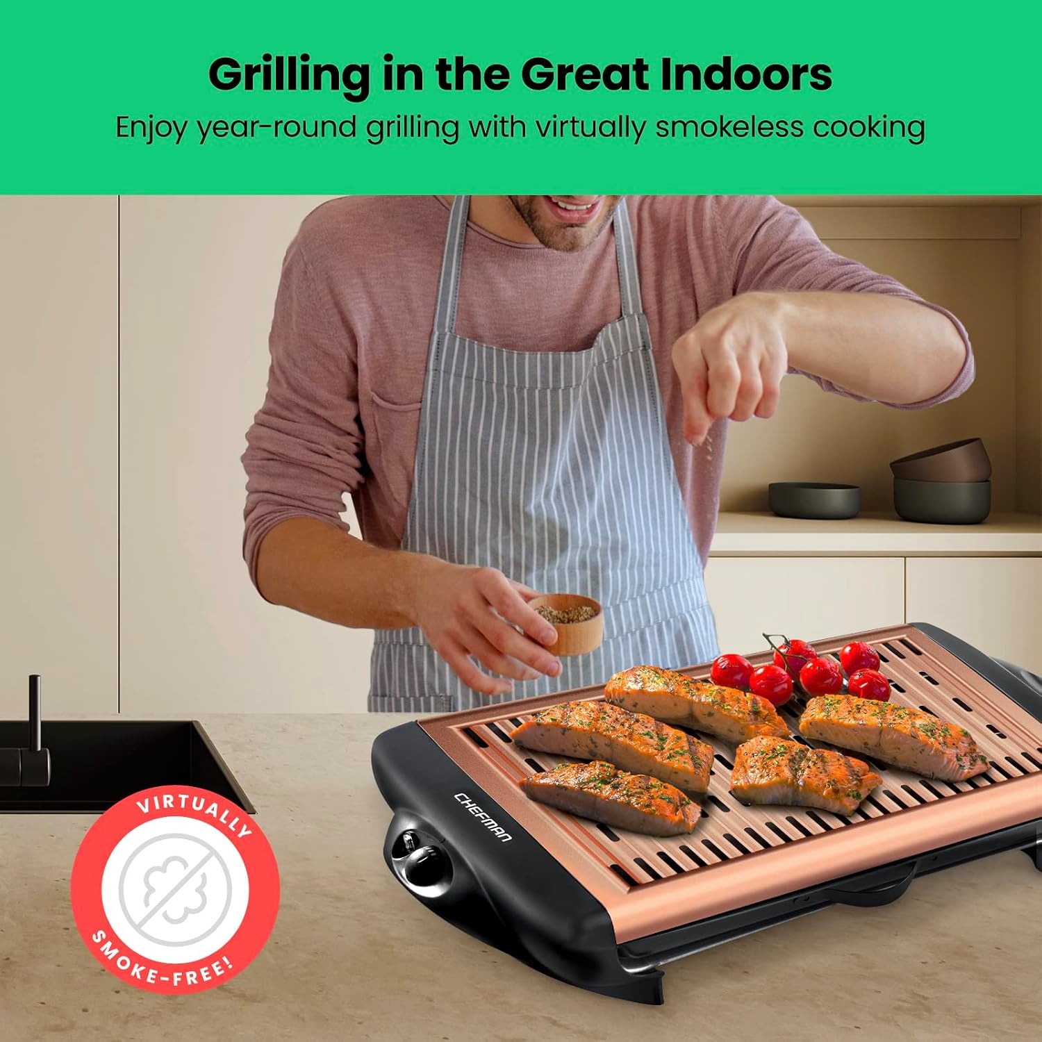 image:imageChefman Electric Smokeless Indoor Grill w NonStick Cooking Surface amp Adjustable Temperature Knob from Warm to Sear for Customized BBQing Dishwasher Safe Removable Water Tray BlackCopper