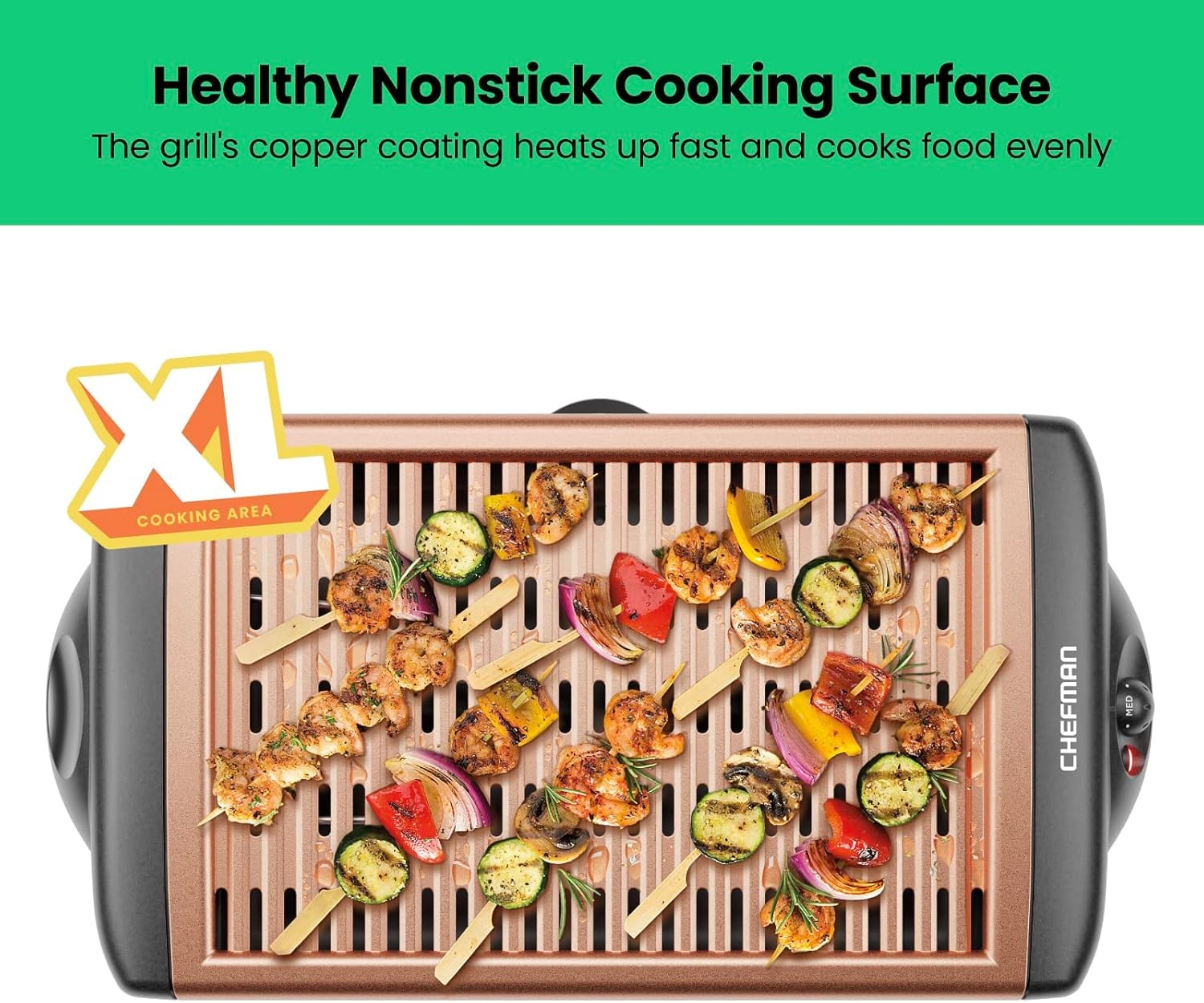 image:imageChefman Electric Smokeless Indoor Grill w NonStick Cooking Surface amp Adjustable Temperature Knob from Warm to Sear for Customized BBQing Dishwasher Safe Removable Water Tray BlackCopper