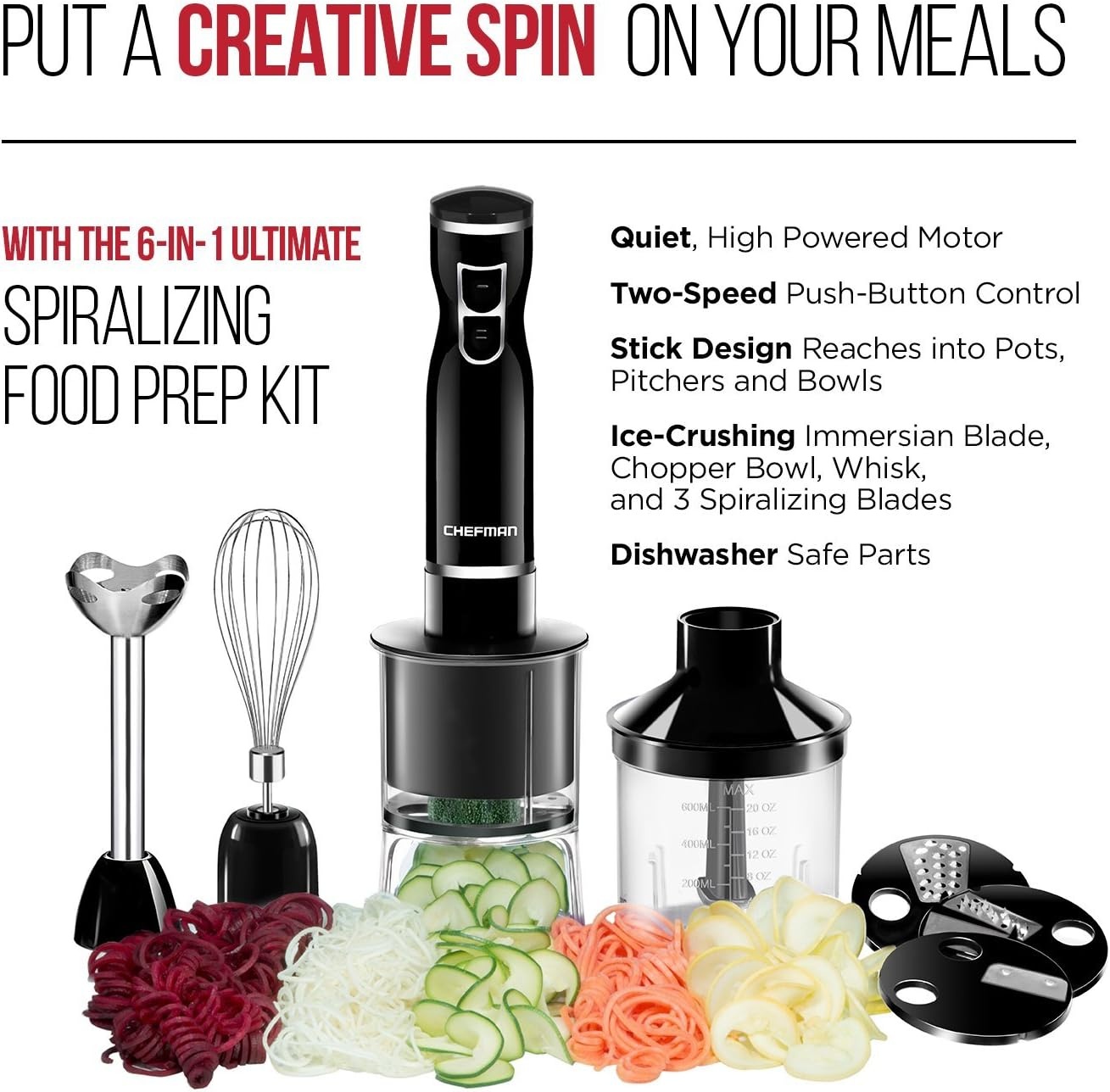 image:imageChefman Electric Spiralizer amp Immersion BlenderVegetable Slicer 6in1 Food Prep Combo Kit Includes 3 Spiralizing Blade Attachments Zoodle Maker Grate Ribbon Spiral Blend Chop and Puree