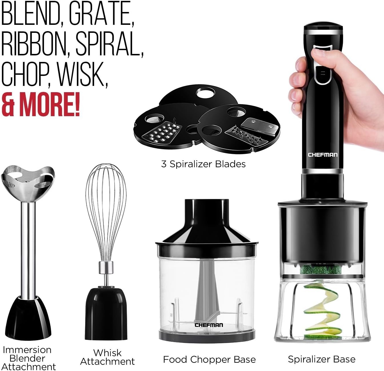 image:imageChefman Electric Spiralizer amp Immersion BlenderVegetable Slicer 6in1 Food Prep Combo Kit Includes 3 Spiralizing Blade Attachments Zoodle Maker Grate Ribbon Spiral Blend Chop and Puree