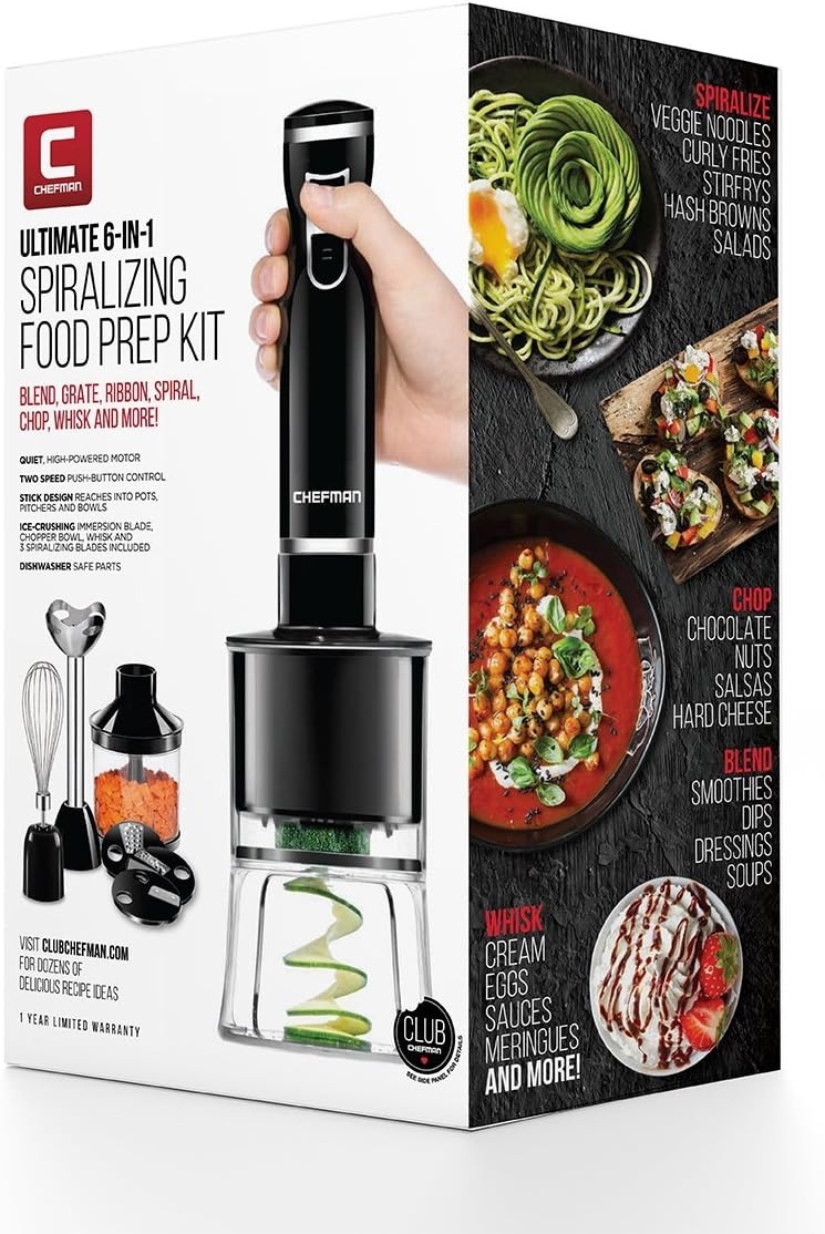 image:imageChefman Electric Spiralizer amp Immersion BlenderVegetable Slicer 6in1 Food Prep Combo Kit Includes 3 Spiralizing Blade Attachments Zoodle Maker Grate Ribbon Spiral Blend Chop and Puree