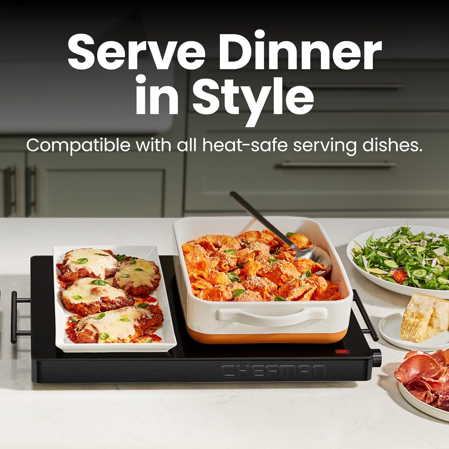 image:imageChefman Electric Warming Tray with Adjustable Temperature Control Perfect For Buffets Restaurants Parties Events and Home Dinners Large 21 x 16 GlassTop Surface Keeps Food Hot Black