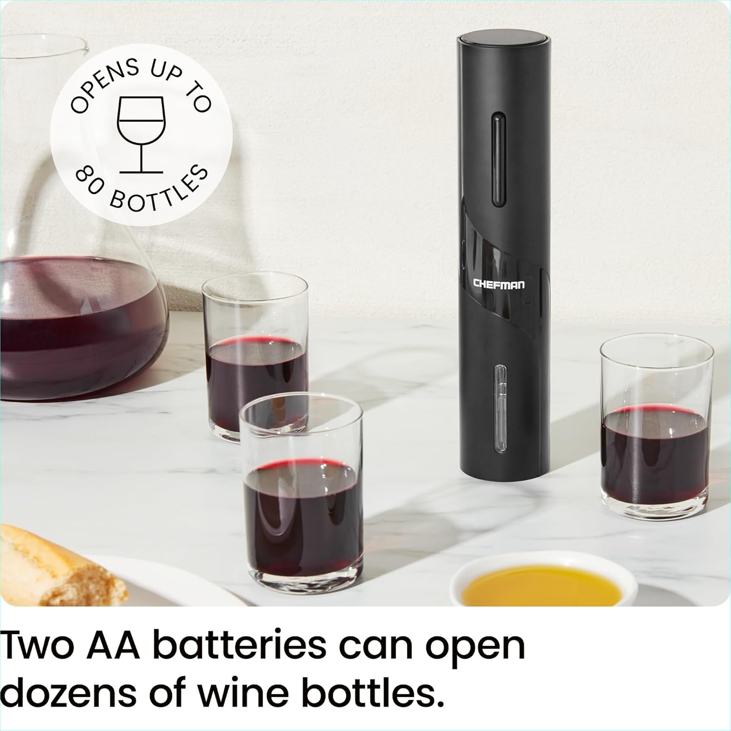image:imageChefman Electric Wine Opener Makes Opening Bottles Fast Foolproof And Fun Black BatteryOperated 4Piece Corkscrew Set Comes With A Foil Cutter Pourer And Vacuum Stopper