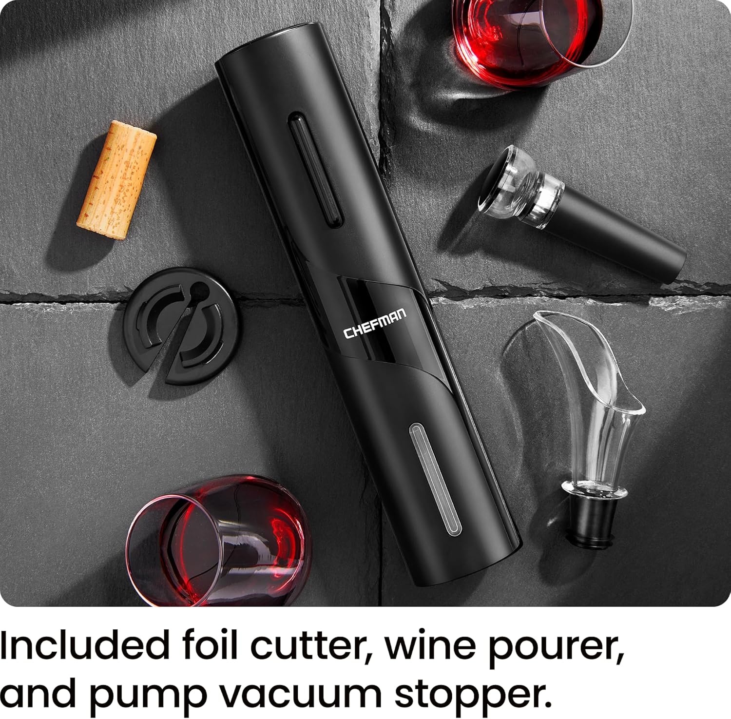 image:imageChefman Electric Wine Opener Makes Opening Bottles Fast Foolproof And Fun Black BatteryOperated 4Piece Corkscrew Set Comes With A Foil Cutter Pourer And Vacuum Stopper