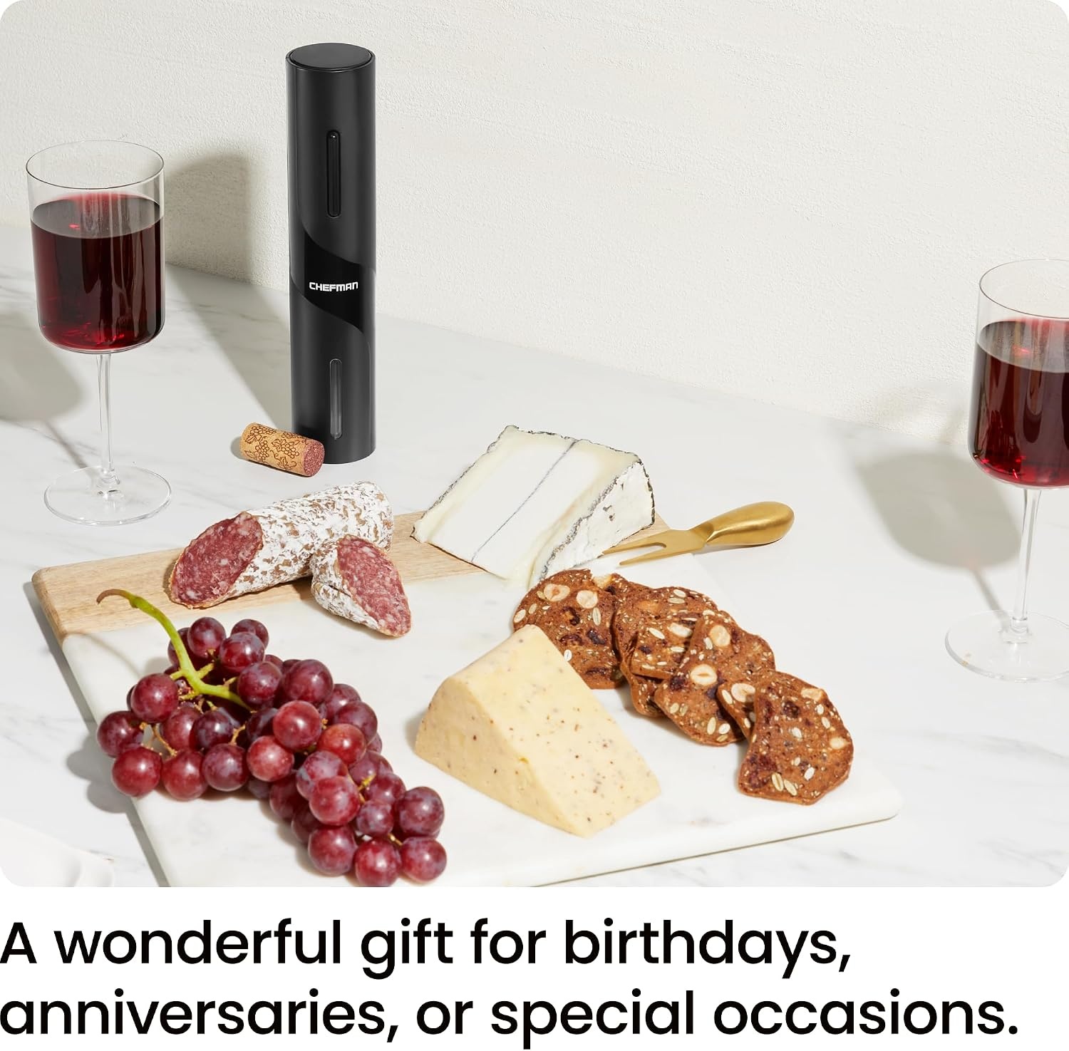 image:imageChefman Electric Wine Opener Makes Opening Bottles Fast Foolproof And Fun Black BatteryOperated 4Piece Corkscrew Set Comes With A Foil Cutter Pourer And Vacuum Stopper