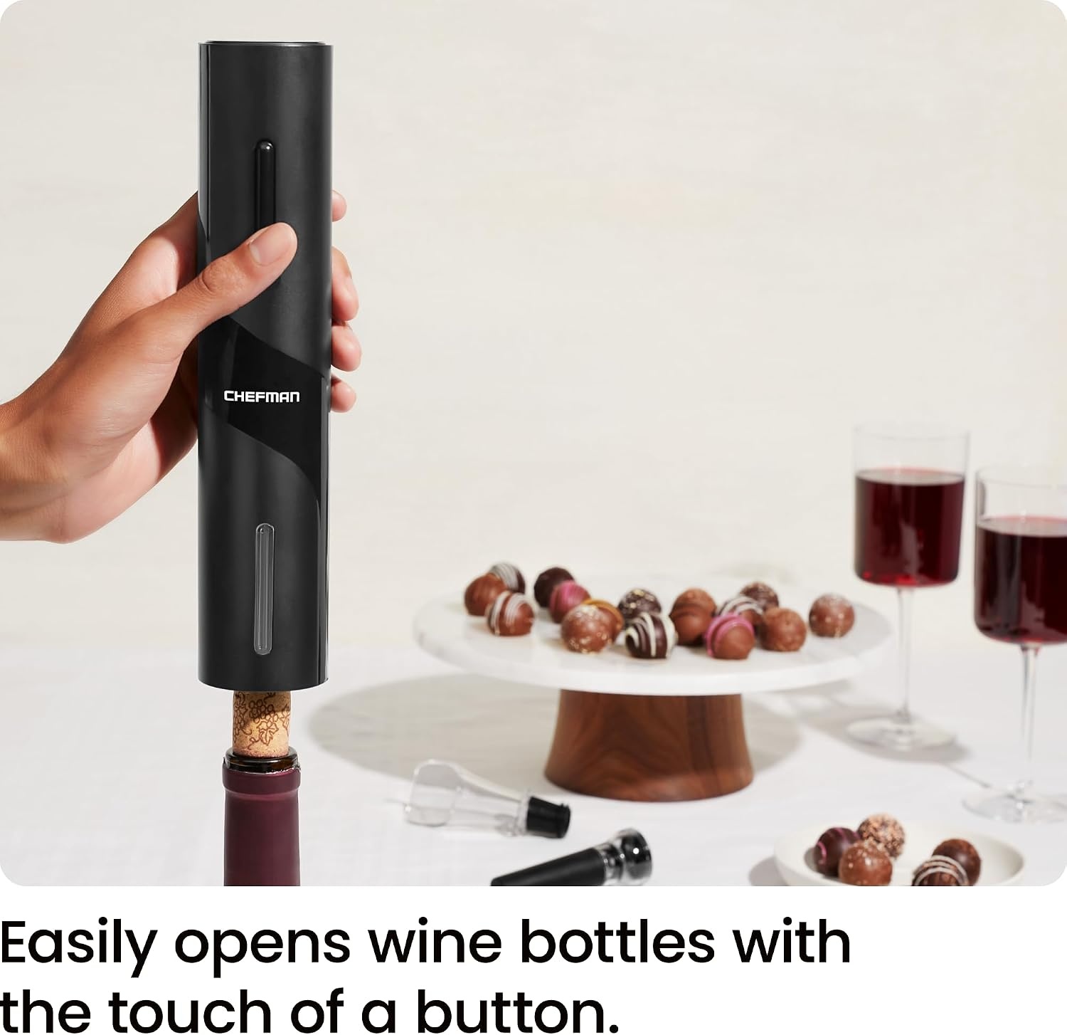 image:imageChefman Electric Wine Opener Makes Opening Bottles Fast Foolproof And Fun Black BatteryOperated 4Piece Corkscrew Set Comes With A Foil Cutter Pourer And Vacuum Stopper