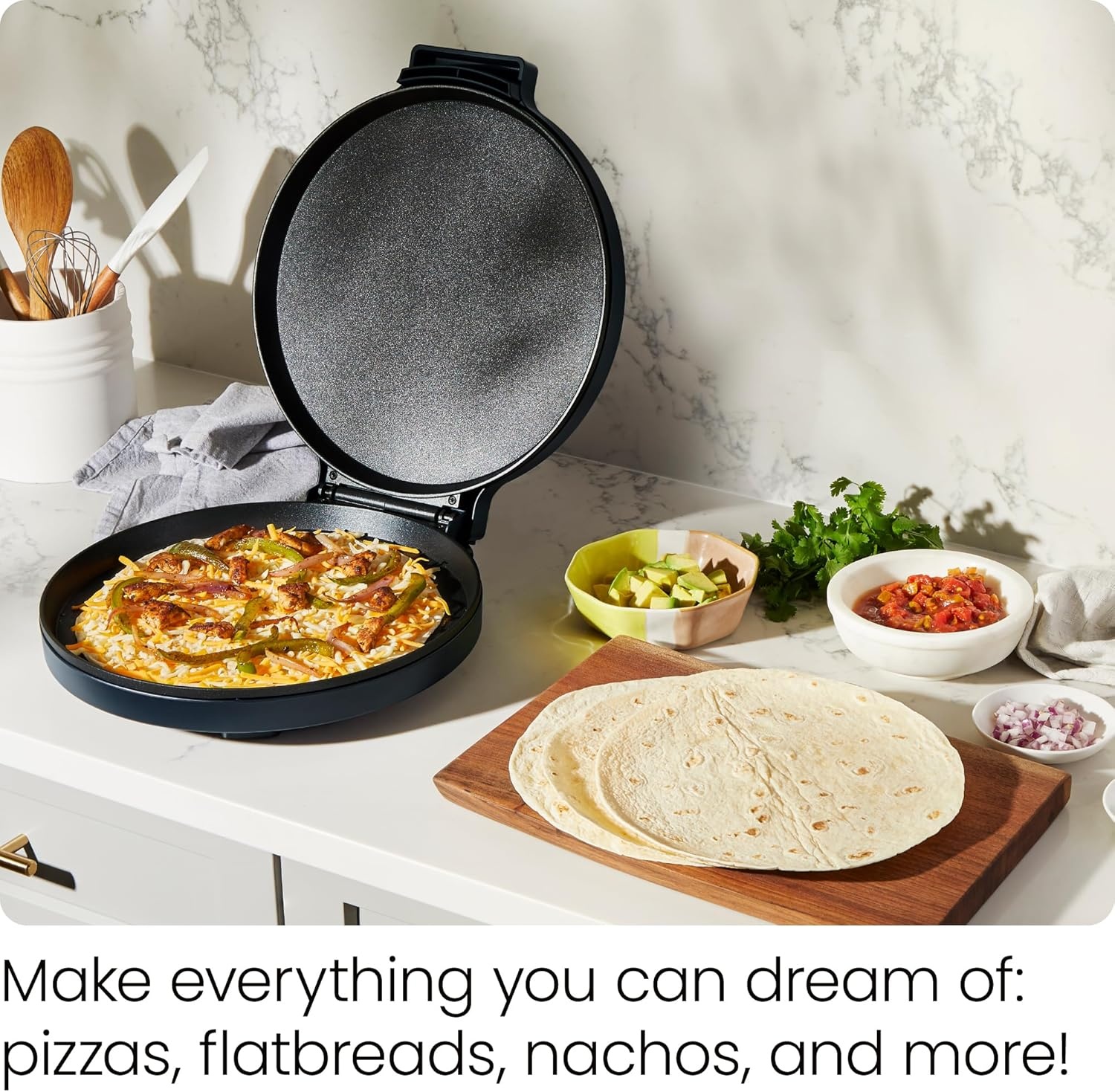 image:imageChefman Everything Maker amp Pizza Oven 1440W Countertop Electric Pizza Maker with 12 Nonstick Cooking Plates Plus Makes Quesadillas Omelettes and More with Indicator Lights and Vertical StorageMidnight